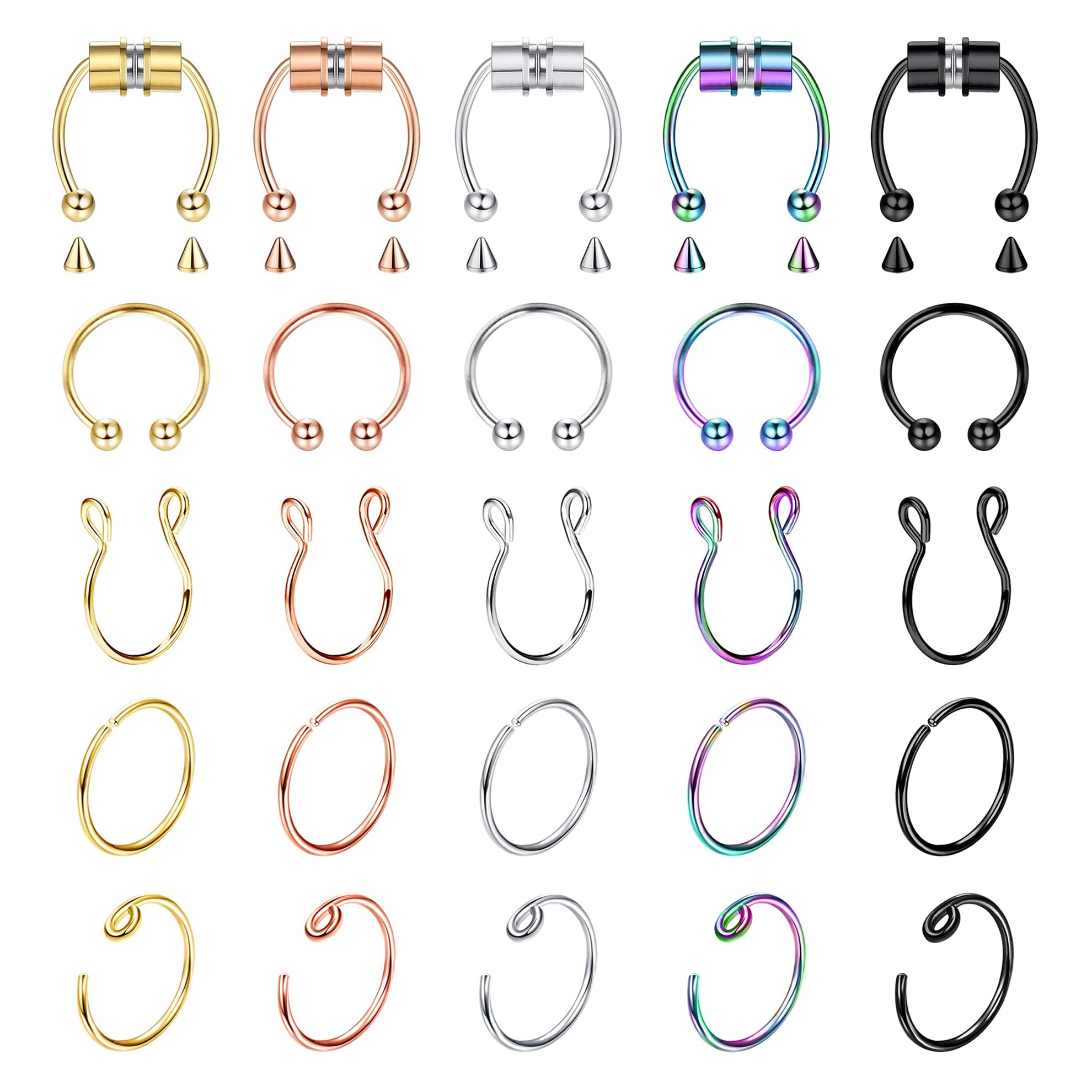YADOCA 15-30 Piezas Piercing de Nariz Falso Anillo de Tabique de Nariz Falso Piercing de Labio Abrazadera de Oreja Cartílago Hélice Joyería Corporal No Piercing para Mujer Hombre