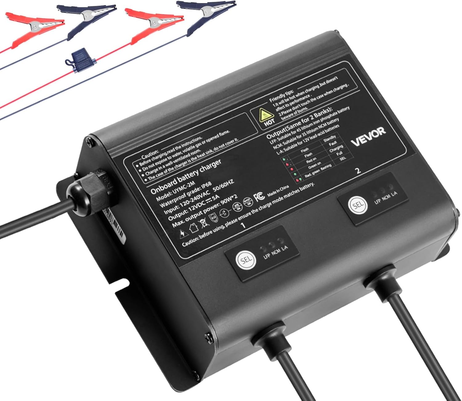 VEVOR 2 Bank Marine Battery Charger, 5A × 2, 12V Onboard Charger, IP68 Waterproof Smart Boat Battery Charger, for Lithium-Ion LiFePO4, NCM, Lead-Acid Batteries, Large Boat, Yacht, RV, Trailer