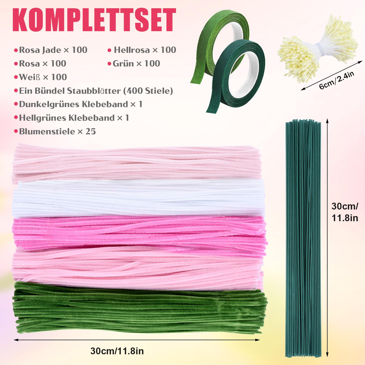 Fil Chenille Rose 500PCS Cure Pipe Chenille Loisir Creatif 5 Couleurs Pipe Cleaners avec Étamines Floratape et Tige Fleur Artificiel pour Fournitures de Bouquet de Fleurs et de Décoration DIY