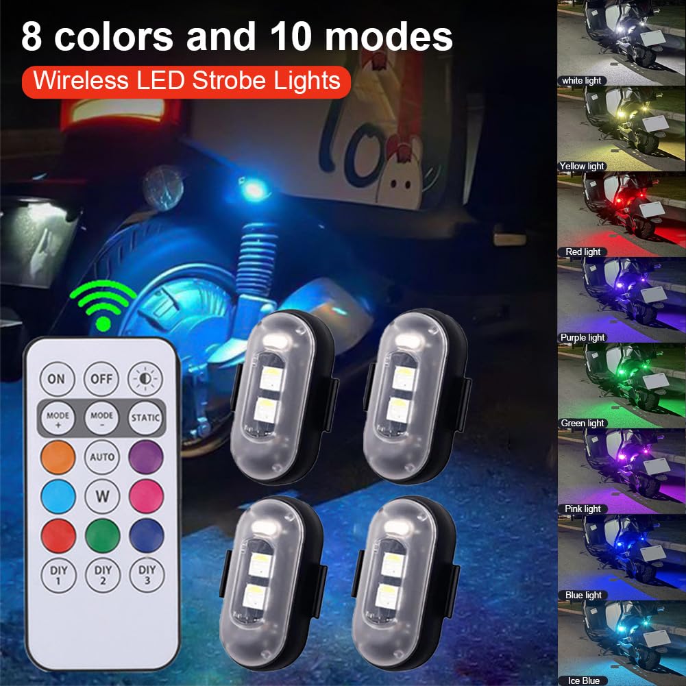 4pcs sans fil LED Flash avec télécommande 8 couleurs et 10 modes anticollision LED alarme d'urgence USB Charing imperméable à l'eau pour voiture, moto, drone, vélo (4)