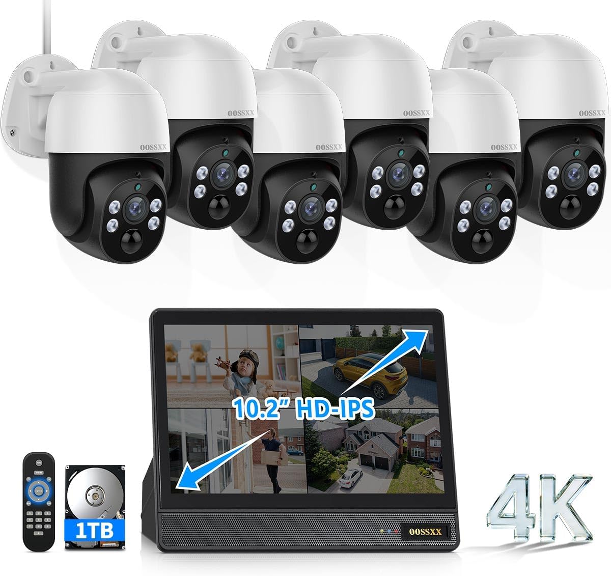 (2026 New) 4K PoE PTZ Security Camera System with 10.2'' Monitor, 8CH NVR w/1TB HDD, 6 Wired Outdoor Cameras, Pan Tilt Auto Tracking, AI Human Detection, IP66 Waterproof, Free App No Monthly Fee