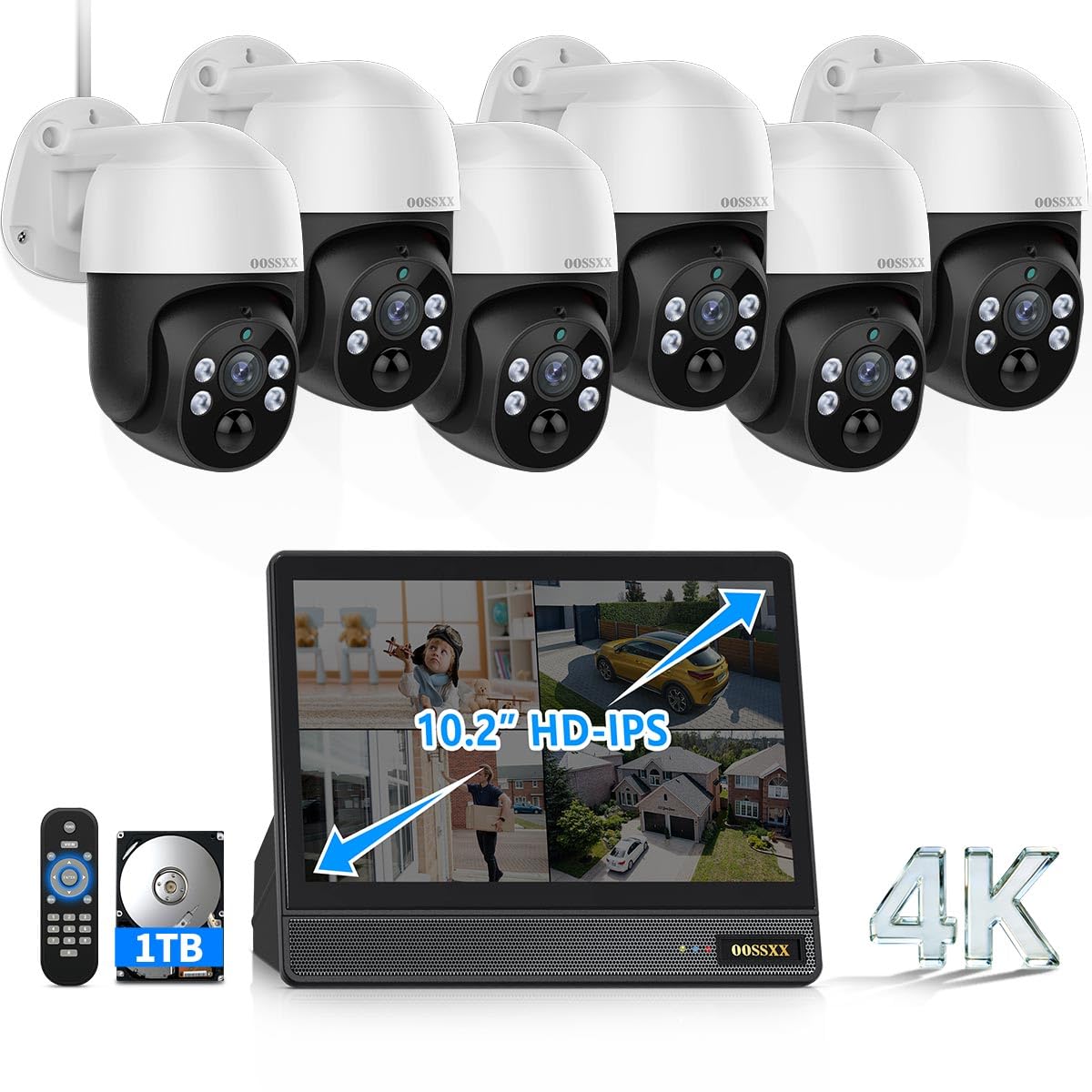 8MP PTZ Wired PoE Security Camera System, 6Pcs 8CH NVR with 10" Monitor 1TB