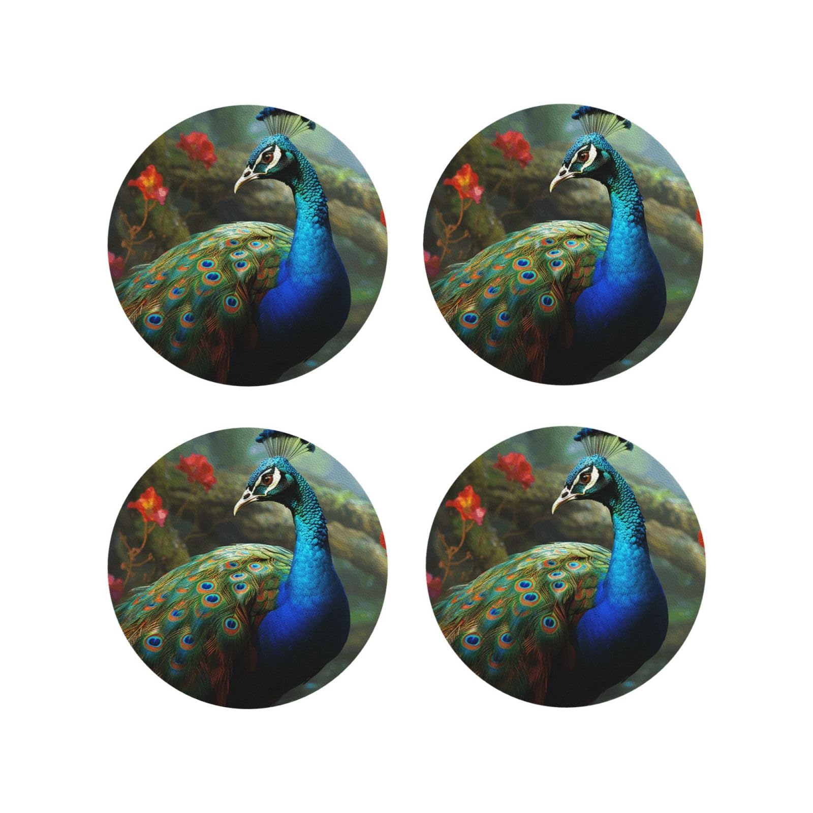 4pcs Drink Coasters for Tabletop Protection, 4" Leather Coasters for Drinks, Colorful Peacock Cup Coasters for Coffee Table Decor, Non-Slip Drinking Cup Mat for Hot Or Cold Drink