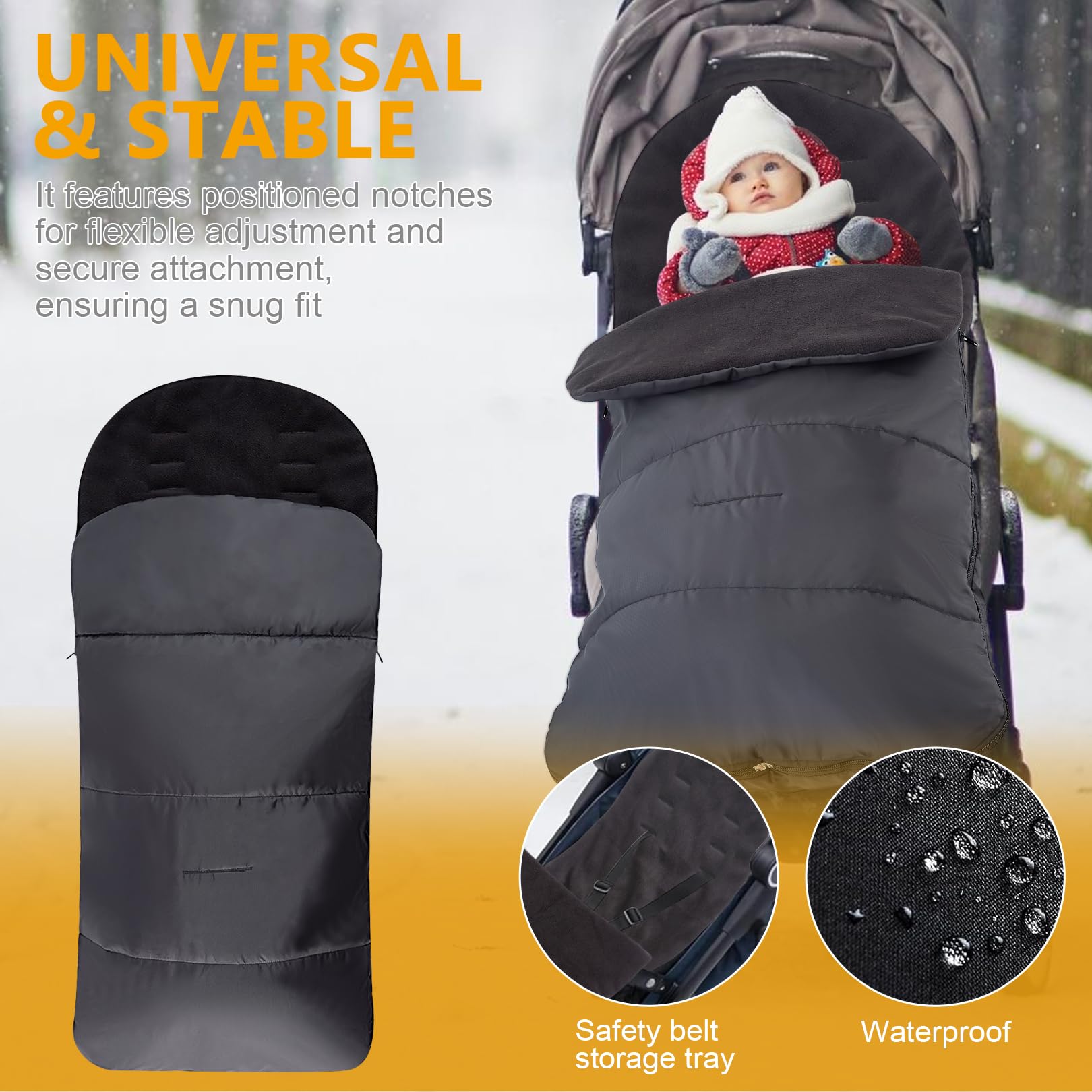 Universal Footmuff for Stroller,Warm and Cozy Pushchair & Pram Footmuffs,Waterproof and Windproof Footmuff with Coral Fleece Lining,Universal Cosy Toes Fits Most Buggies and Strollers (Black) - Image 3