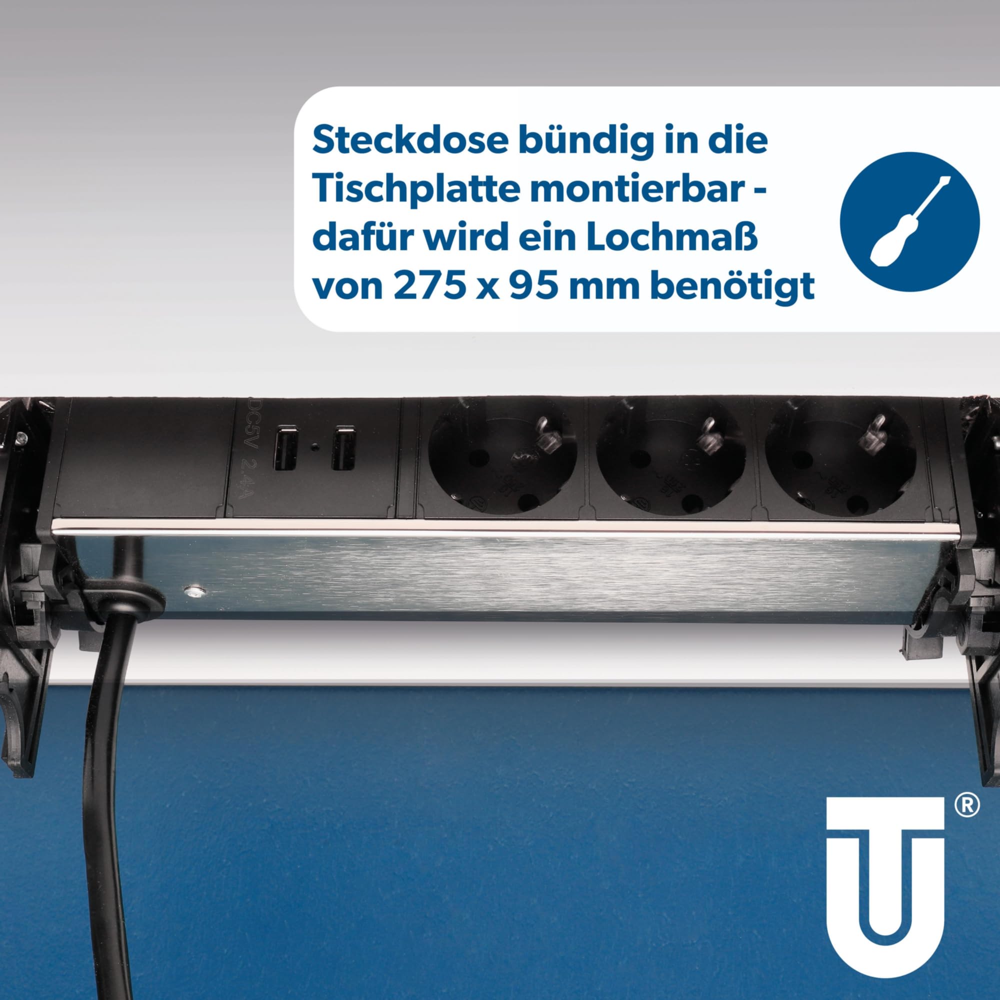 Unitec Versenkbare Steckdosenleiste horizontal | 2 USB Ladebuchsen | 3 Steckdosen | beiliegende Halteklappen | Anschlussleitung und Netzstecker