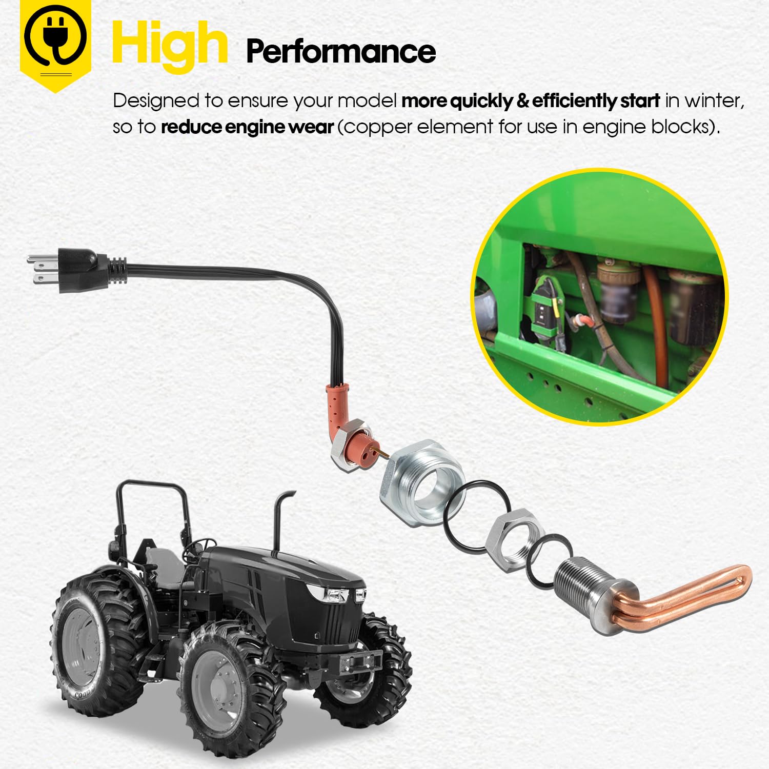 DZ102076 Engine Coolant Heater Kit Engine Block Heater Kit with Power Cord for Tractors, Replaces for RE227949, DZ102076