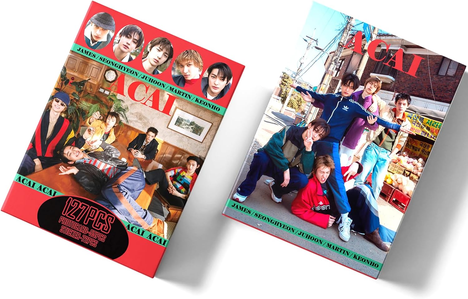 PYAJUU 127pcs KPOP Photocards GREENGREEN Photo Cards 55pcs ACAI Photocards and 72pcs Mini Stickers REDRED Album Lomo Gift for Fans 2026 Greetings Cards MARTIN JAMES JUHOON SEONGHYEON KEONHO Merch