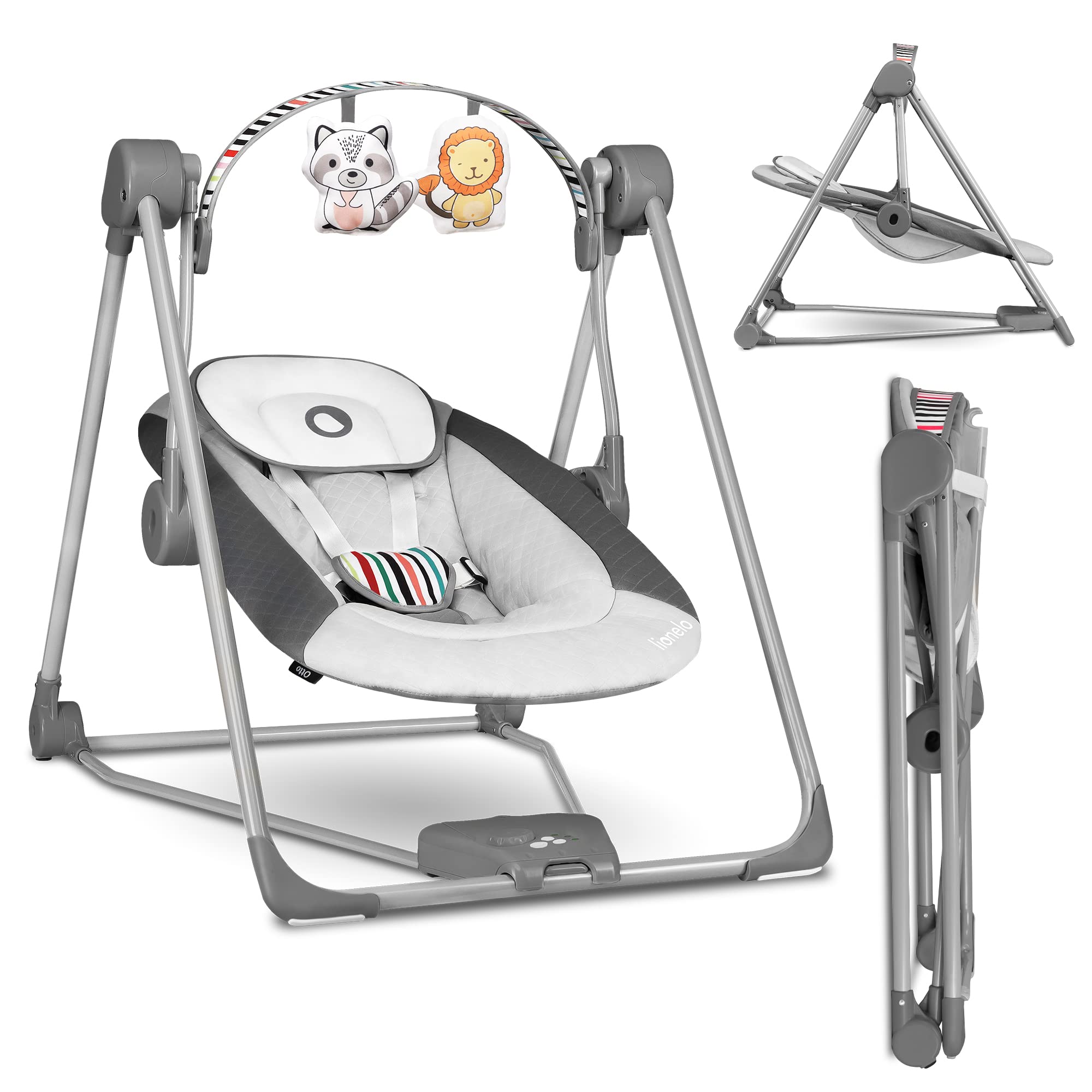 LIONELO Otto Dondolo per Neonato e Bambini fino a 9kg Sdraietta con Giocattoli 5 Velocità Suoni Rilassanti Della Natura Altalena Portatile e Pieghevole Cinture a 5-punti Cavo di Alimentazione USB Grigio