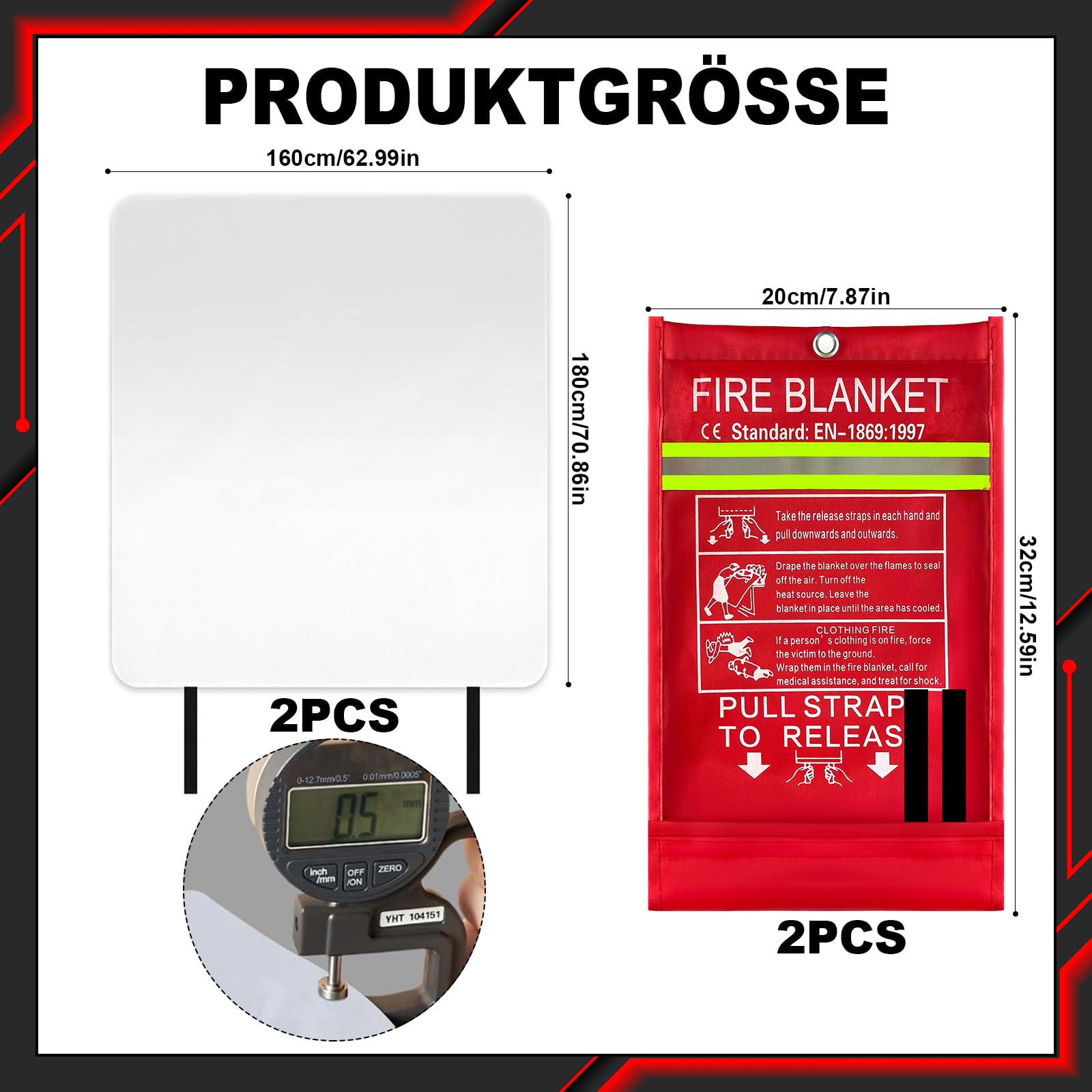 2 Pack Löschdecke für Küche 160x180 Feuerlöschdecke für Zuhause für küche große Löschdecken Aus Glasfasergewebe Gemäß 2 Feuerlöschdecke DIN EN 1869:2019, Geeignet Zum Löschen Von Fettbränden Geeignet