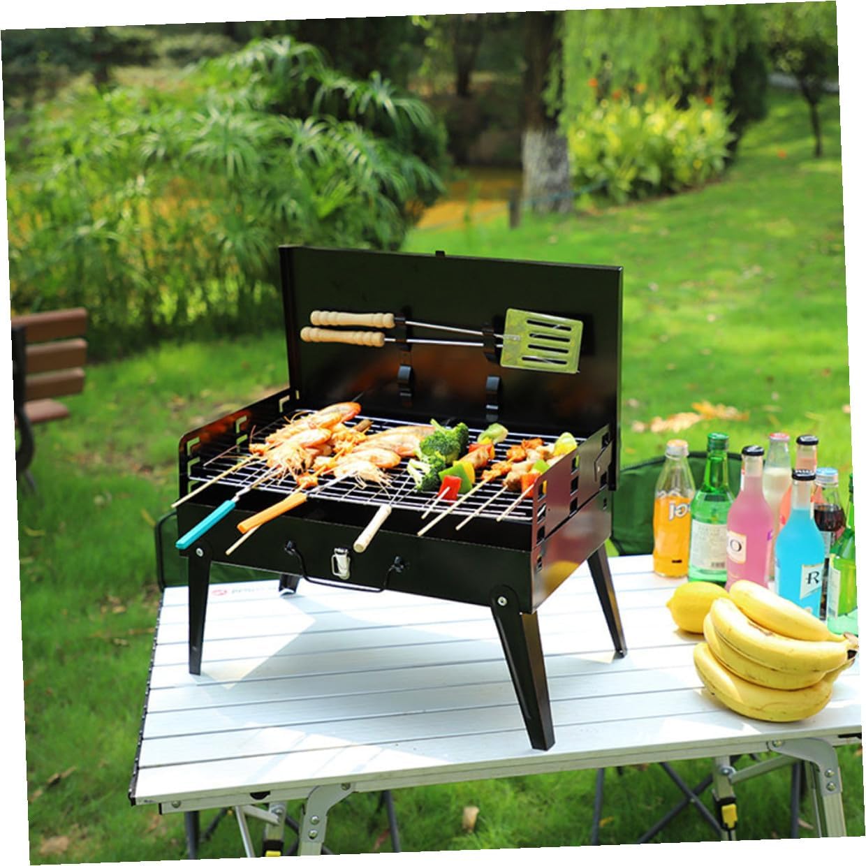 Portable Barbecue Stove and Folding Bbq Grill 44x27x47cm with Accessories Outdoor Camping Cooking Barbecue Tools for Picnic and Travel