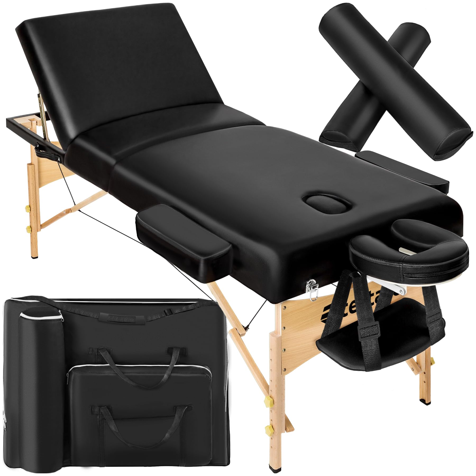 tectake® Table de Massage Pliante Professionnelle 3 Zones Ergonomique Massage et Relaxation Bois Table Esthetique Professionnel Lit de Massage Portable, Accessoires & Housse de Transport - Noir