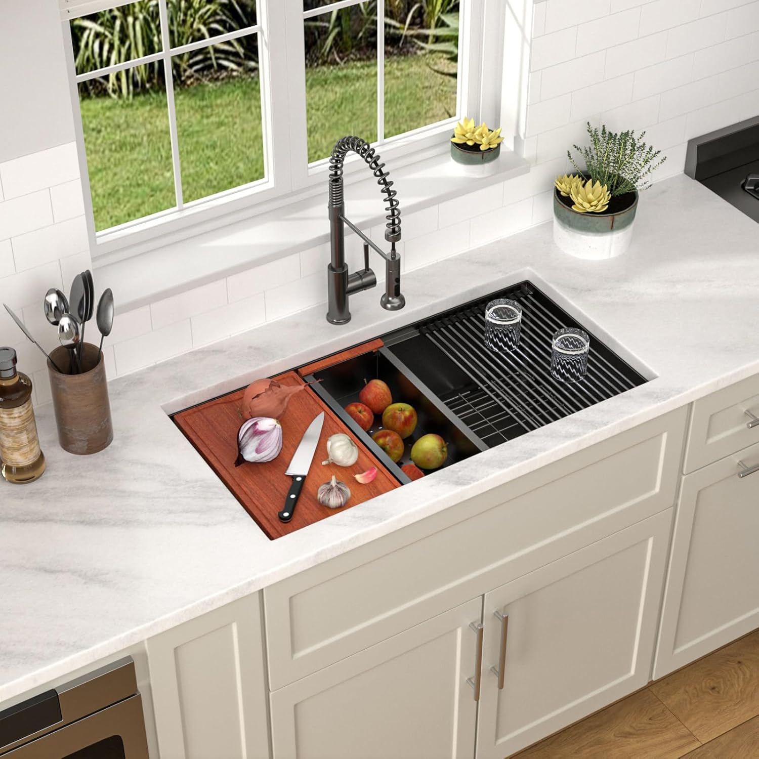 Dcolora 36 in. Black Undermount Kitchen Sink Workstation NANO-PVD Large Black Kitchen Sinks with Ledge Round Corner 16 304 Gauge Stainless Steel Single Bowl Basin, Gunmetal Black,36"x19"x10",DC-U7776