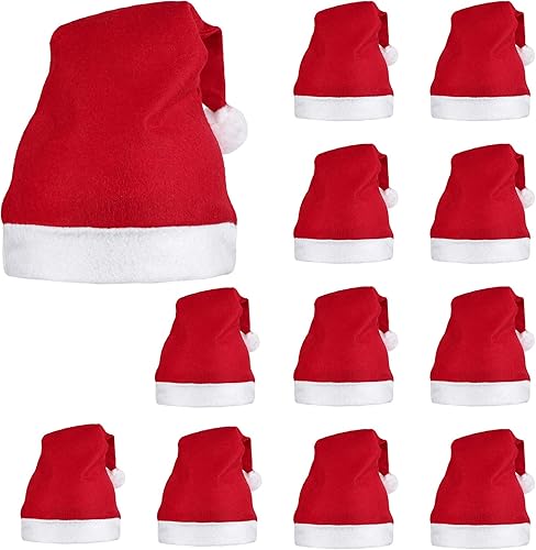 ELCOHO Paquete de 12 sombreros rojos de Papá Noel de felpa corta con puños blancos, tela no tejida, sombrero de Navidad para adultos (rojo)