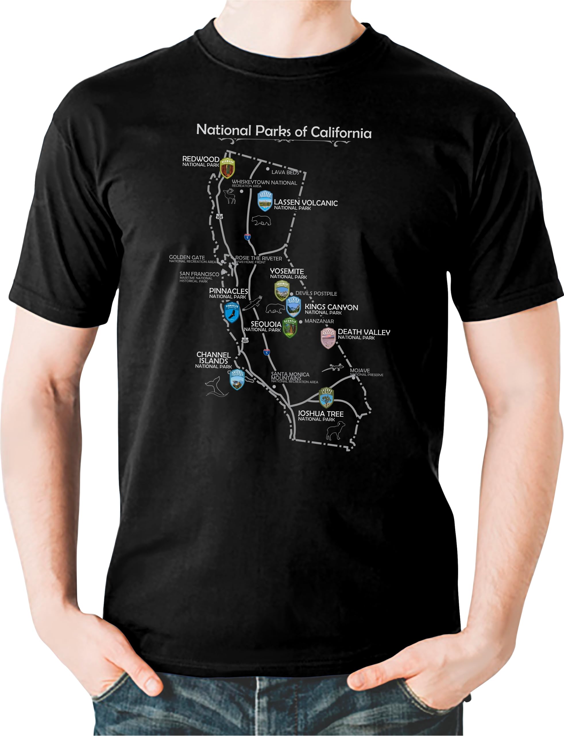 T-shirt (XL) with California State National Parks print. Map and shields of national parks. Comes with nine stickers 2.0 x 2.9 inches each in vinyl. (XXL, Black)