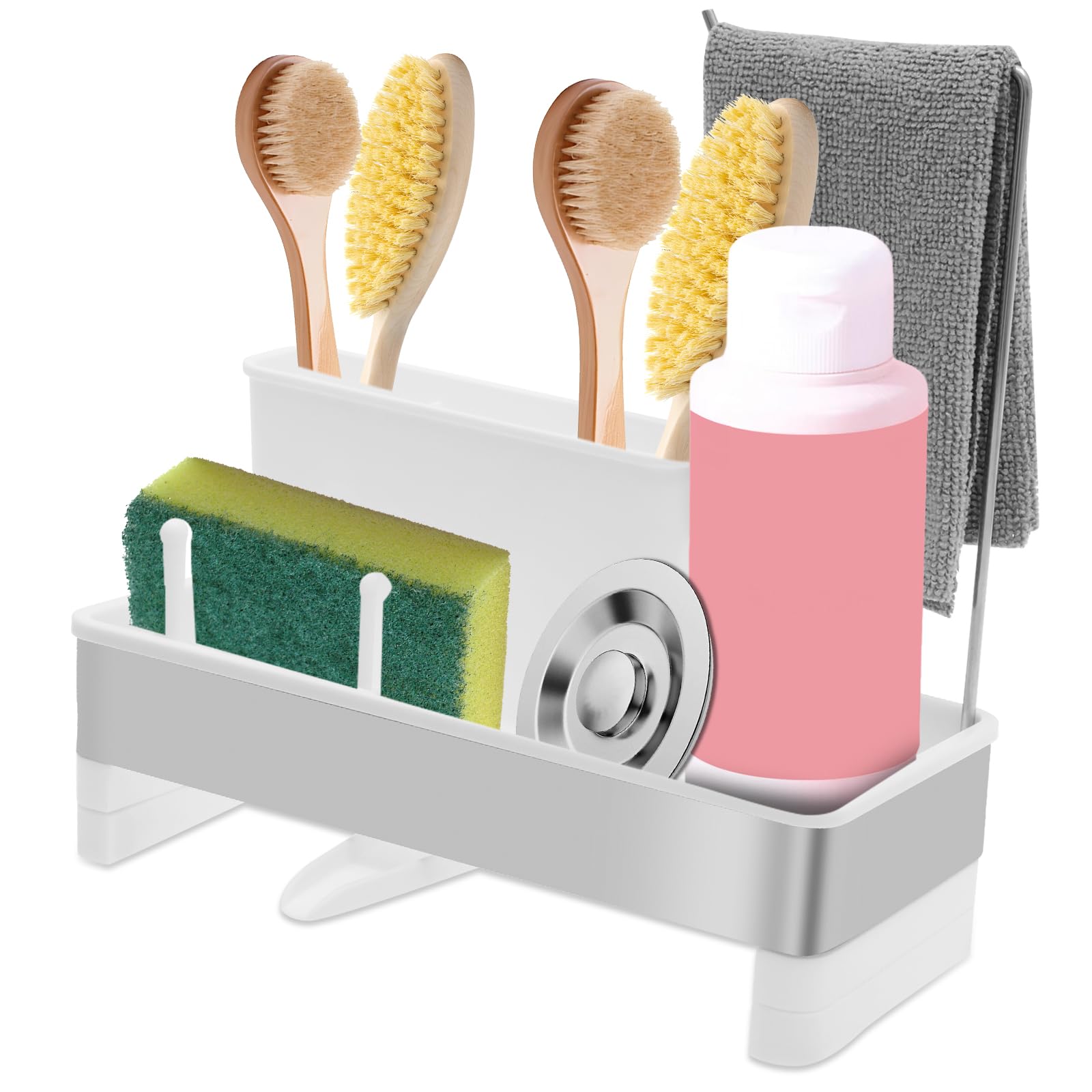 Sponge Holder for Kitchen Countertop, 304 Stainless Steel Sink Caddy with Drain Tray, Kitchen Sink Organizer with Towel Brush Holder for Countertop, Soap Dispenser Storage Accessories(white)