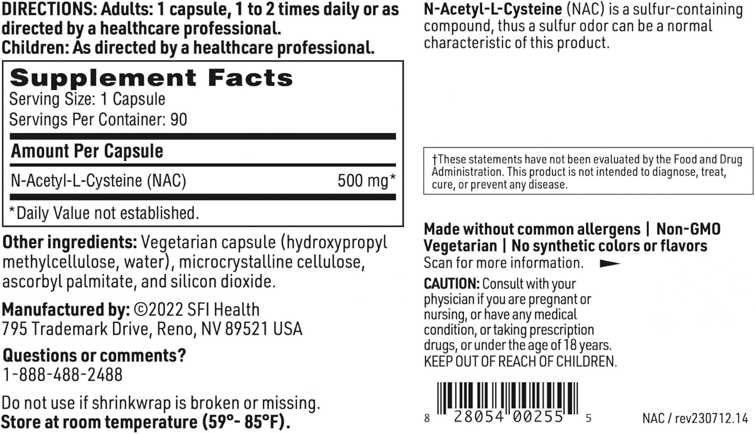 Klaire Labs SFI Health N-Acetyl-L-Cysteine 500mg - Amino Acid Glutathione Precursor NAC - Supplement to Support Cellular Antioxidant Protection - Hypoallergenic, Soy-Free, Corn-Free (90 Capsules)