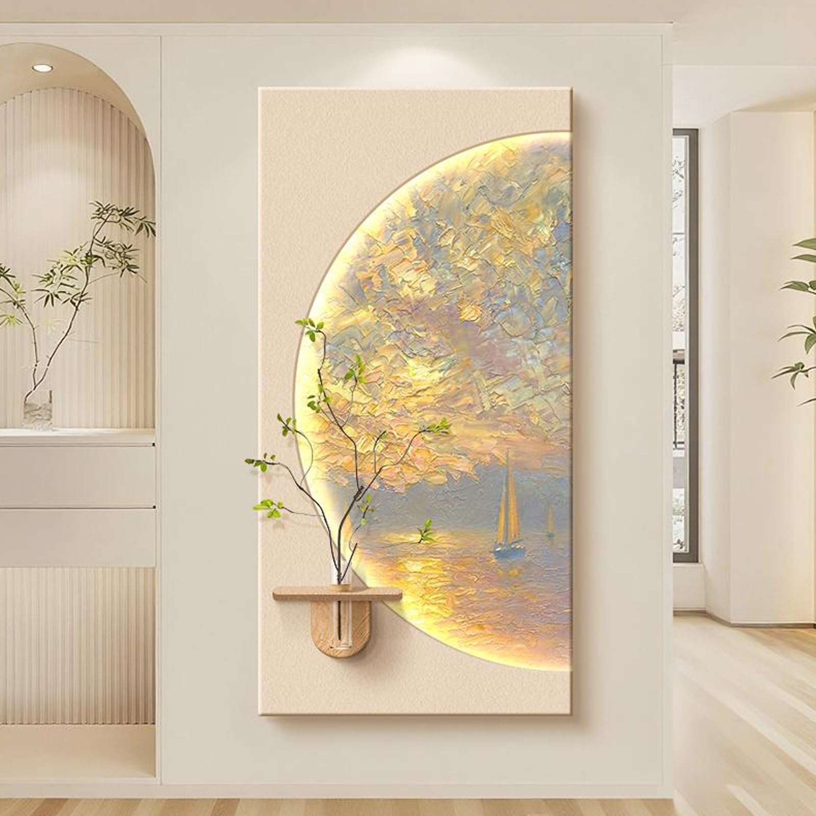 Dekoracja ścienna z piaskowca ze światłami LED 3d malowidła ścienne z rośliną doniczkową, nowoczesna dekoracja do salonu, sypialni, biura (żółty, 70 x 140 cm/27,5 x 55,1 cala)
