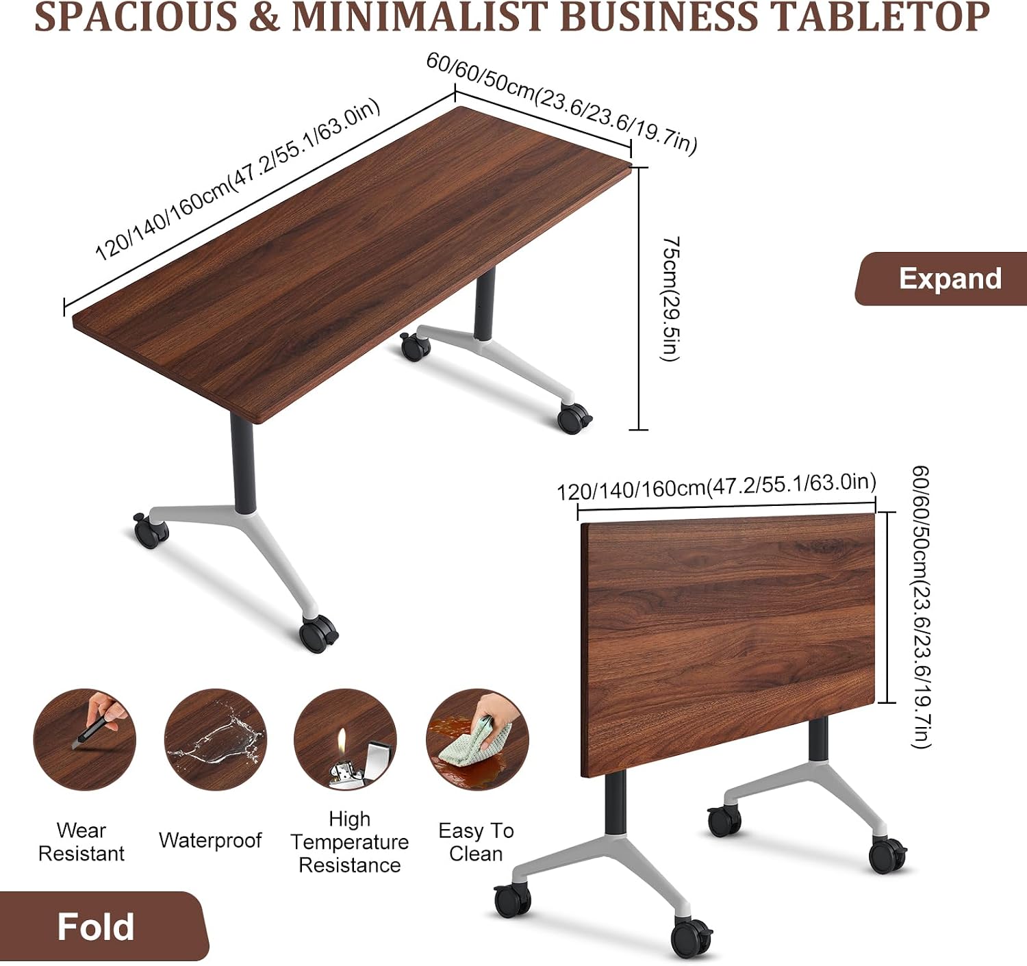 Folding Conference Table Modern Large Mobile Meeting Table Rolling Conference Room Tables with Wheels Seminar Tables for Office Training Classroom (2, Walnut, 63" D X 19.7" W X 29.5" H)