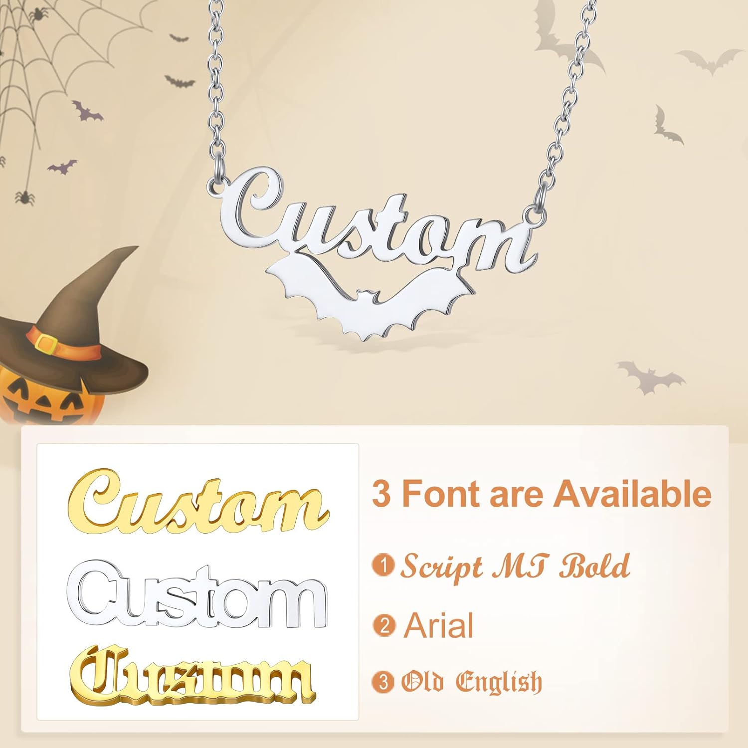 Custom4U Bat Name Necklace Personalized Custom Nameplate Necklaces Stainless Steel/925 Sterling Silver, Customized Gothic Jewelry Gifts for Women Men Halloween Birthday (Gift Box)