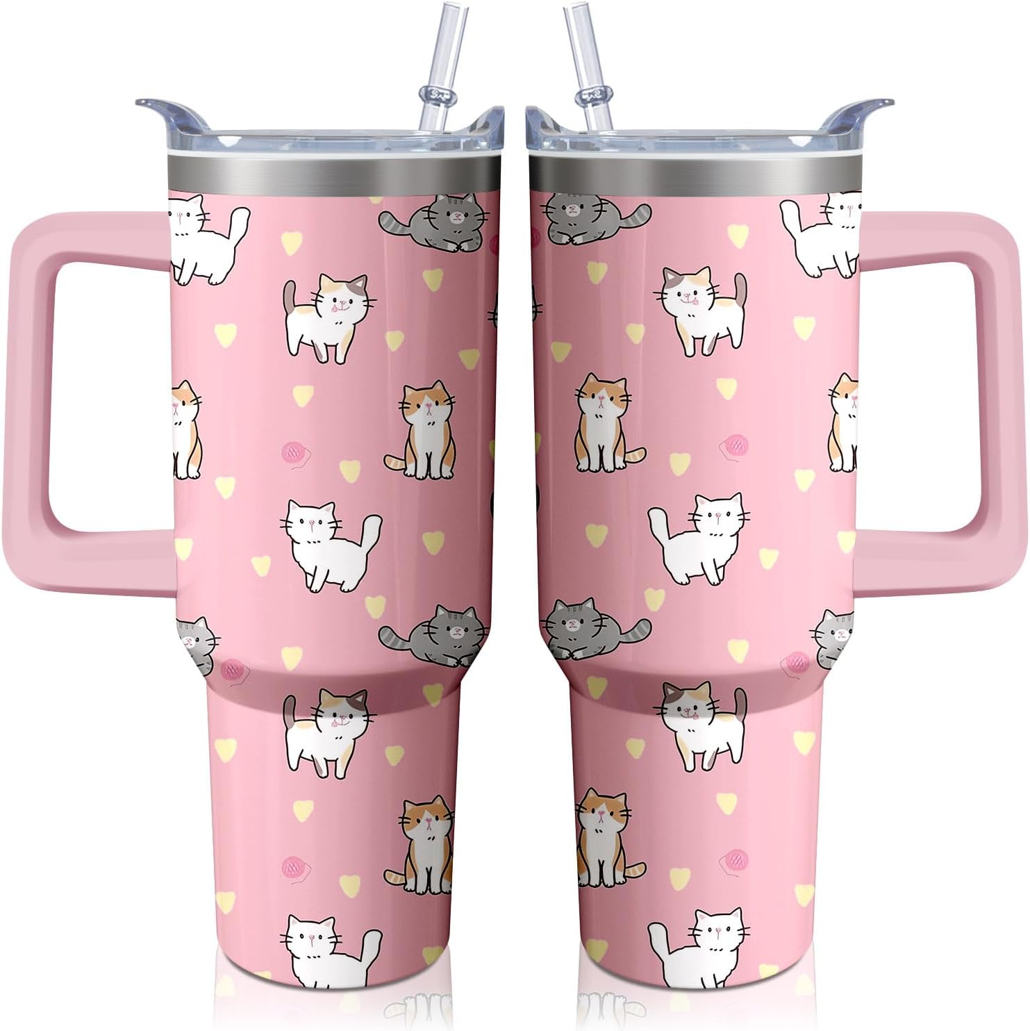 40oz Cute Cat Tumbler with Handle and Straw, Stainless Steel Insulated Cup with Lid, Travel Coffee Mug Water Bottle, Birthday Mothers Day Gifts for Women Men Animal Lovers
