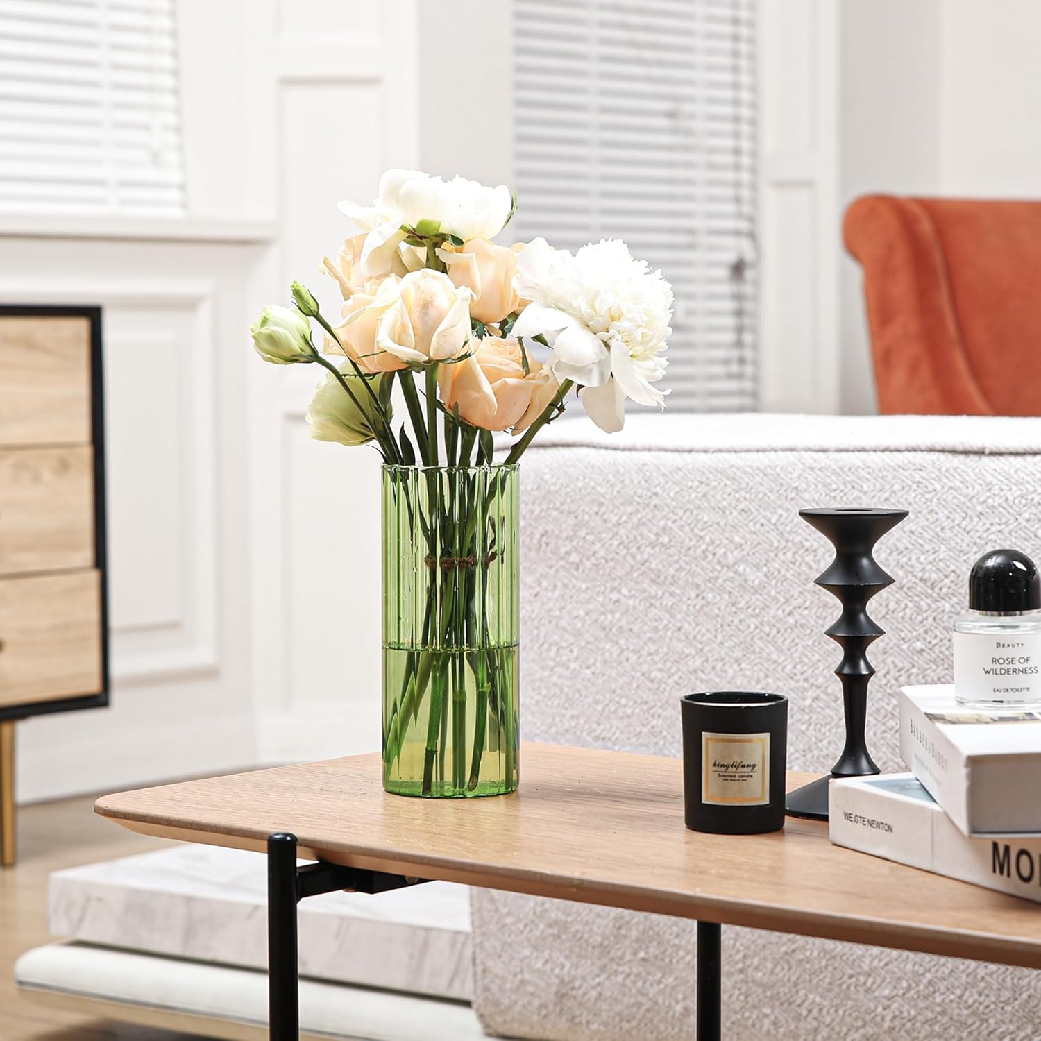 ComSaf Glass Cylinder Vases, Bud Vase for Centerpieces, 8 Inch Tall Ribbed Vase Hurricane Floating Candle Holder, Decorative Flower Vases for Wedding Reception, Home Decor, Housewarming Gift (Green) - Image 8