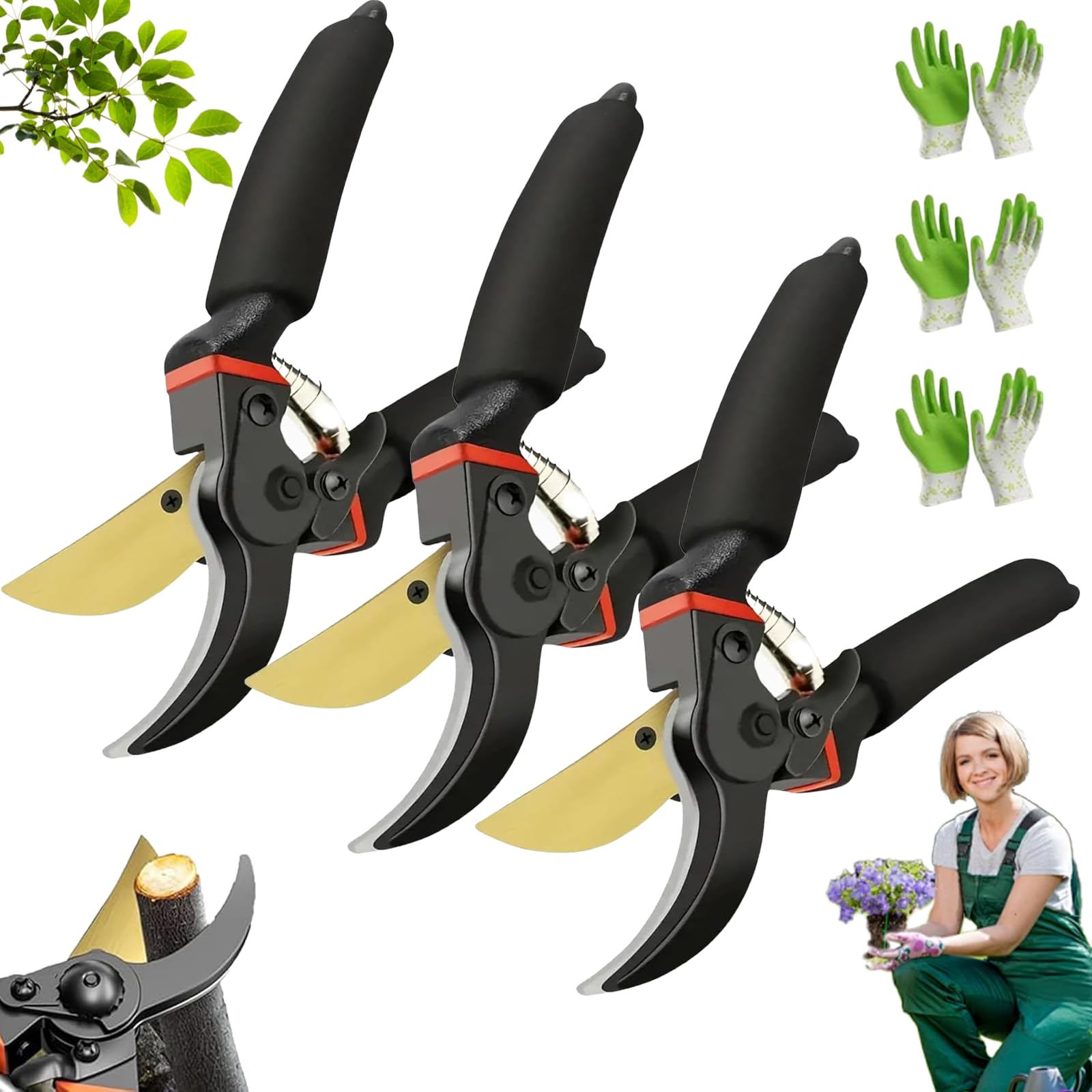 GardenCutter Pro, Hochleistungs-Gartenschere, Gepolsterter Komfortgriff mit SK5-Stahlklingen, Scharf und Rostfrei, für das Schneiden Harter Holzarten Wie Buche Oder Eiche (3pcs)