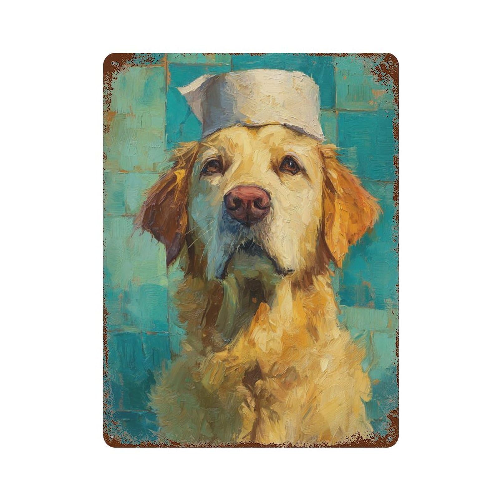 Rusty Metal Tin Sign Golden Retriever Chef Hat Oil Painting 15.7"x11.8", Vintage Wall Decor for Shed, Workshop And Garage Wall Decor