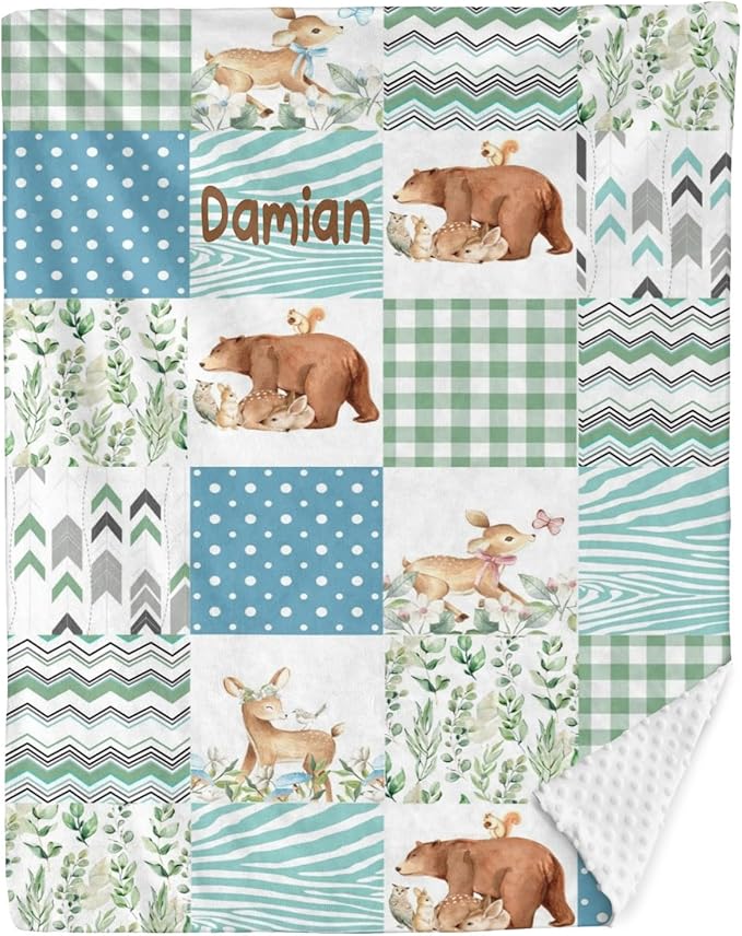Bear Deer Patchwork Personalized Baby Blanket for Boys