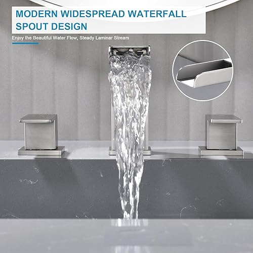 Miniatura 3 de OMEKNTOP Grifo de baño de níquel cepillado, 8 pulgadas, cascada, grifo de lavabo de 3 agujeros, grifo de baño con drenaje desplegable y manguera,