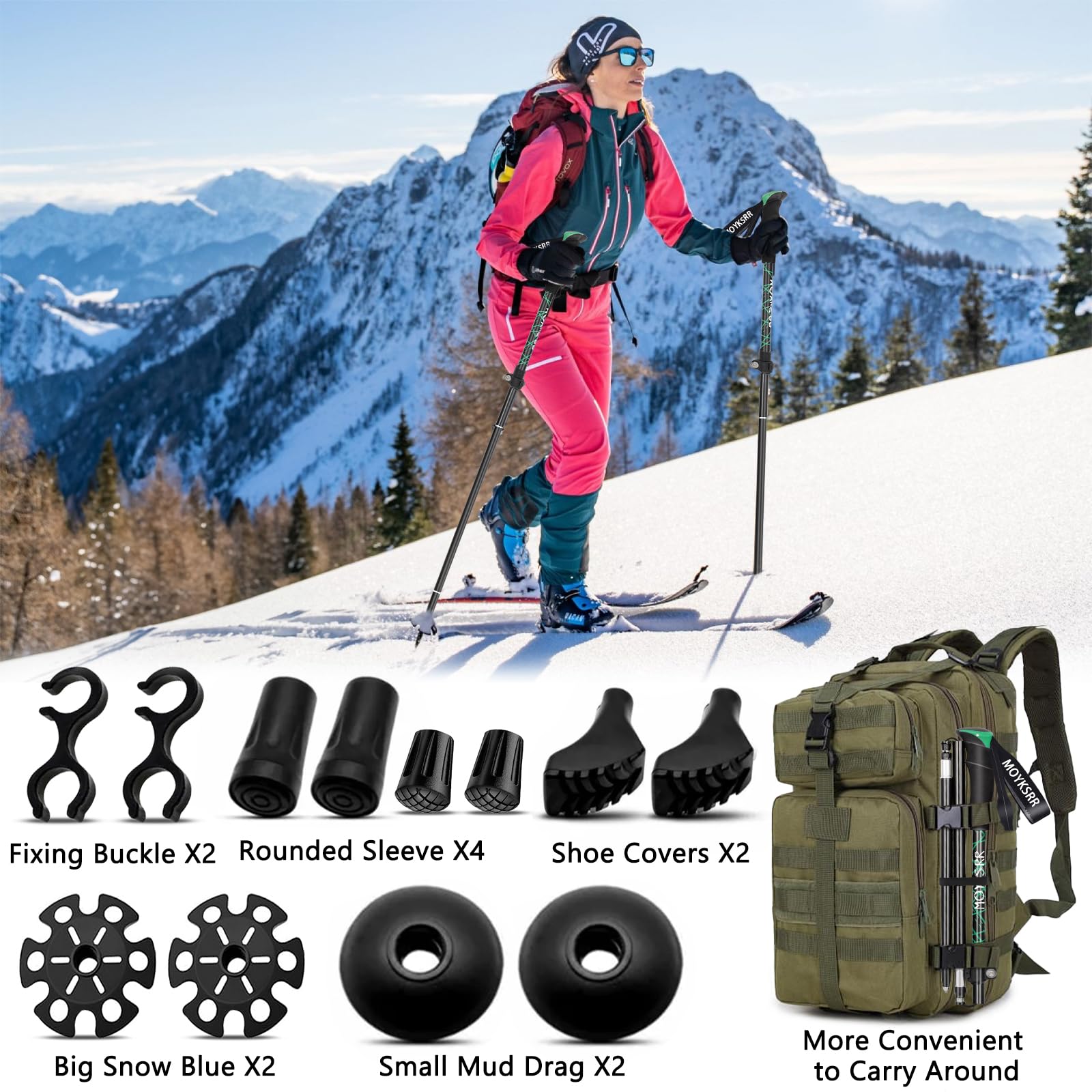 MOYKSRR Trekkingowe, teleskopowe kijka, kijki z włókna węglowego i aluminium, skladane, regulowane 108-135 cm, zamknięcie zaciskowe