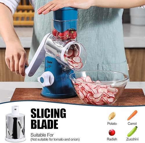 Miniatura 3 de Geedel Rotary Cheese Grater, Kitchen Mandoline Vegetable Slicer with 3 Interchangeable Blades, Easy to Clean Rotary Grater Slicer for Fruit, Azul