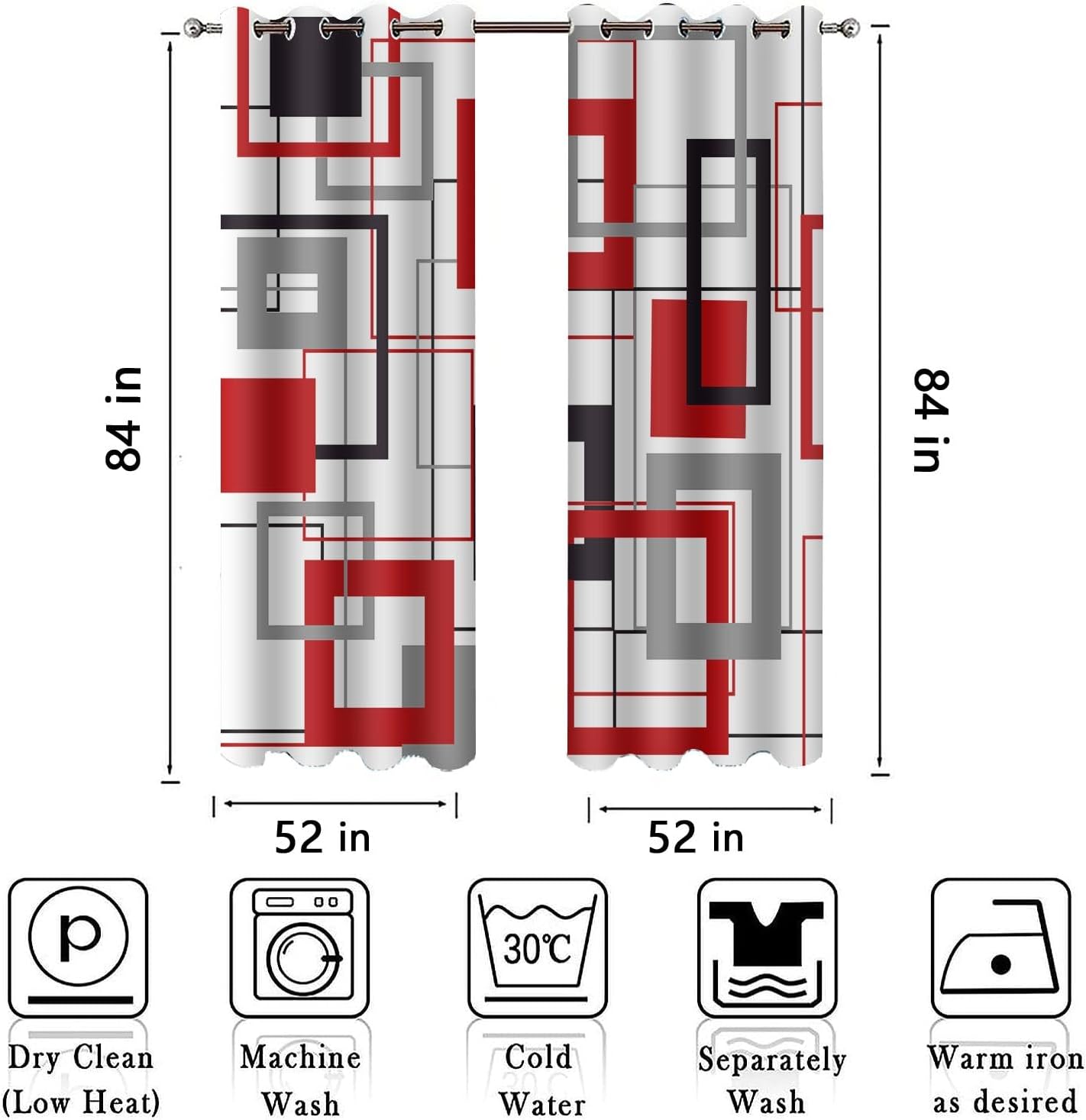 Red Black Geometric Curtain White Grey Plaid Modern Abstract Boy Girl Blackout Window Treatment Drape for Bedroom Living Room 52x84 Inch