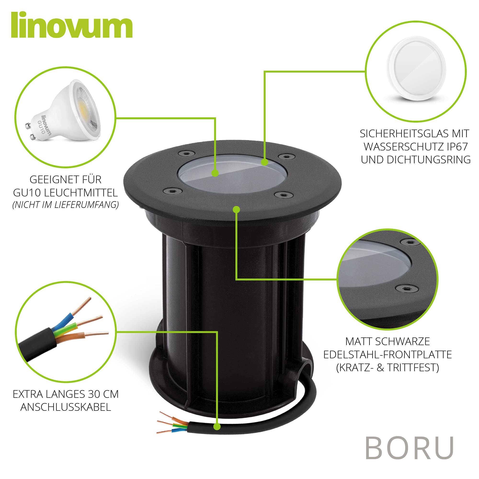 linovum BORU 4 Stück Bodeneinbaustrahler schwarz IP67 Fassung für GU10 | Befahrbare Bodenleuchten in schwarz rund mit GU10 Sockel - wetterfeste Gartenleuchte für Wege, Einfahrt, Terrasse