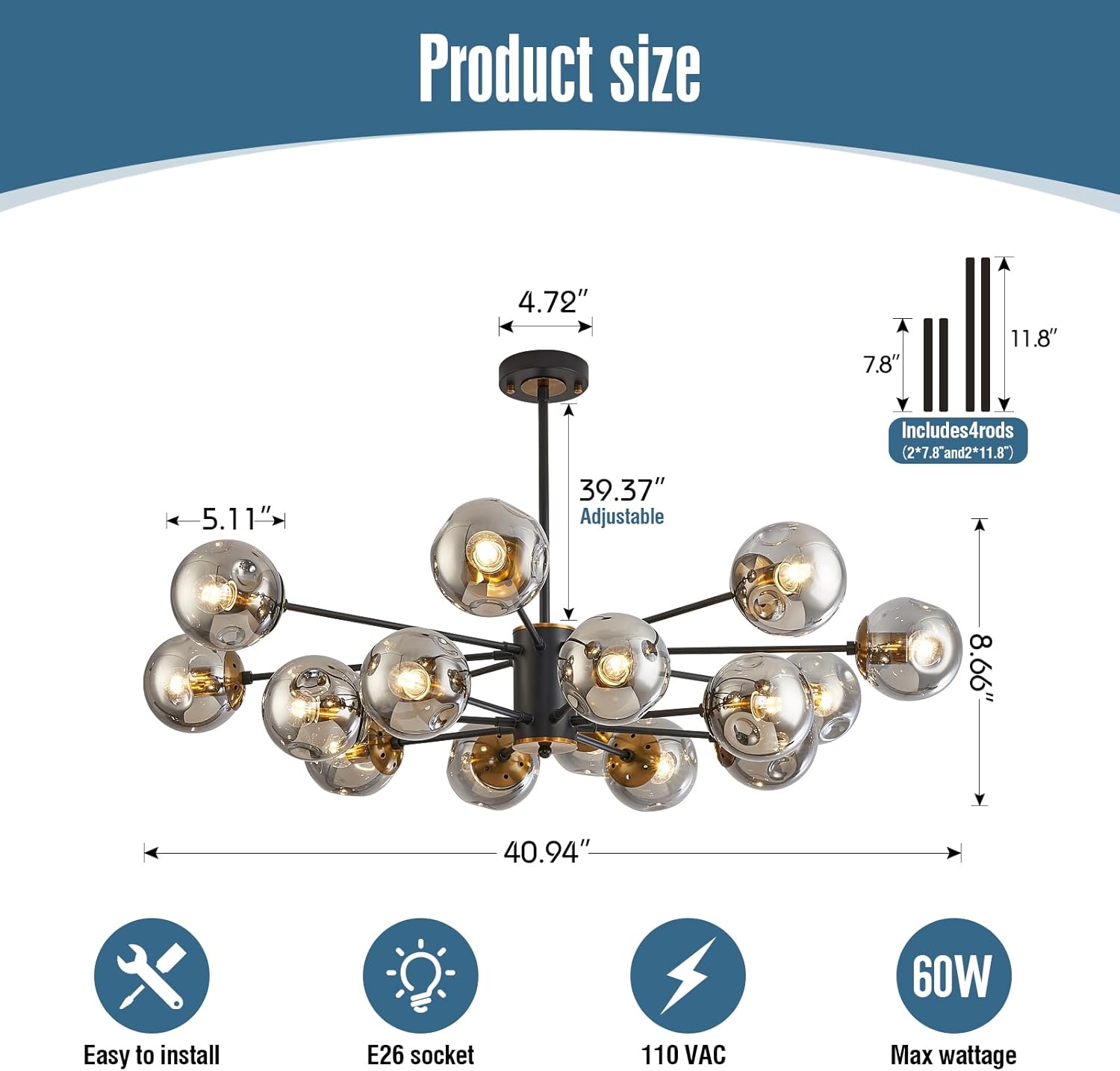 16 light chandelier sputnik ceiling light fixture with glass globe bubble black chandeliers for dining room bedroom kitchen office living room light fixture?41" art deco modern chandelier? black 16-light