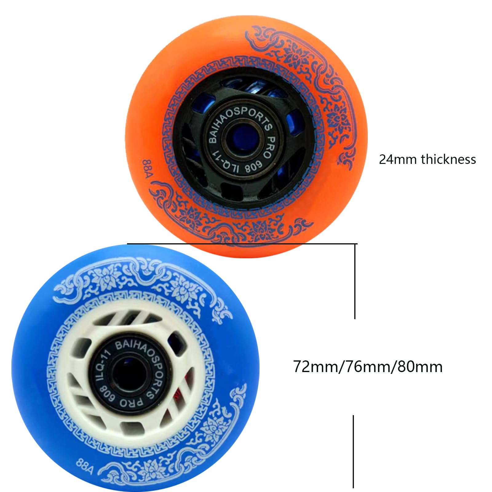 Genérico Ruedas para Patines En Línea Interior Exterior Ruedas de Repuesto En Línea de 72 mm 76 mm Y 80 mm Ruedas para Patines En Línea Cómodas de 88 A (Naranja 80 mm)