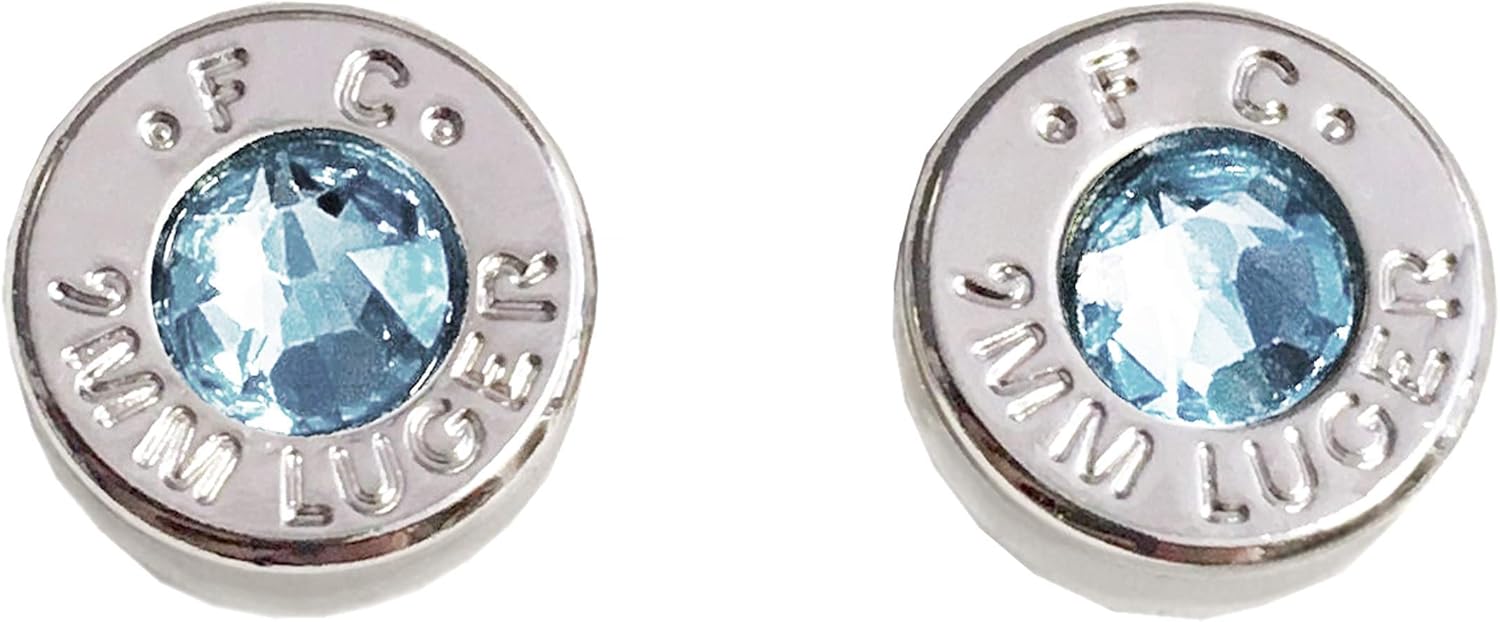 Rhodium Plated 9 Millimeter Ammo Bullet Cartridge Stud Earrings with March Themed Aqua Crystals