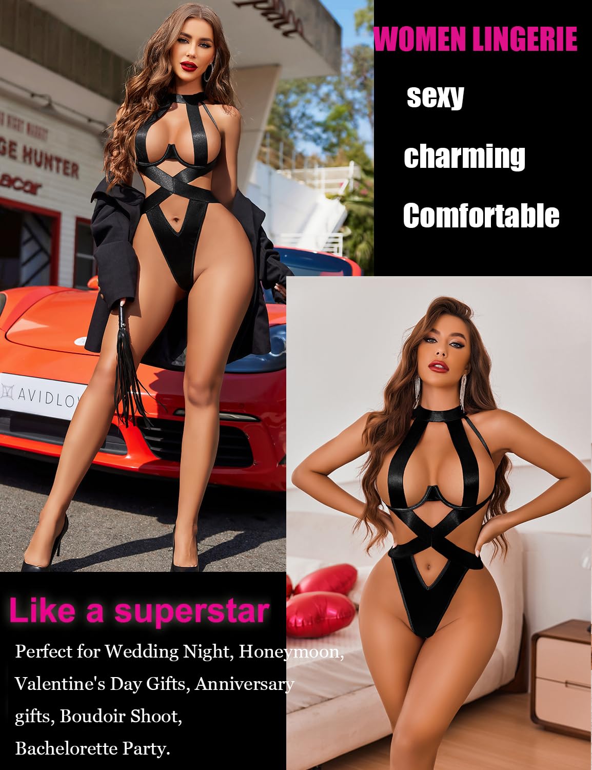 Avidlove Women Lingerie Sexy Bodysuit Strappy Teddy Lingeries One Piece Mini Babydoll with Underwire: Small Black