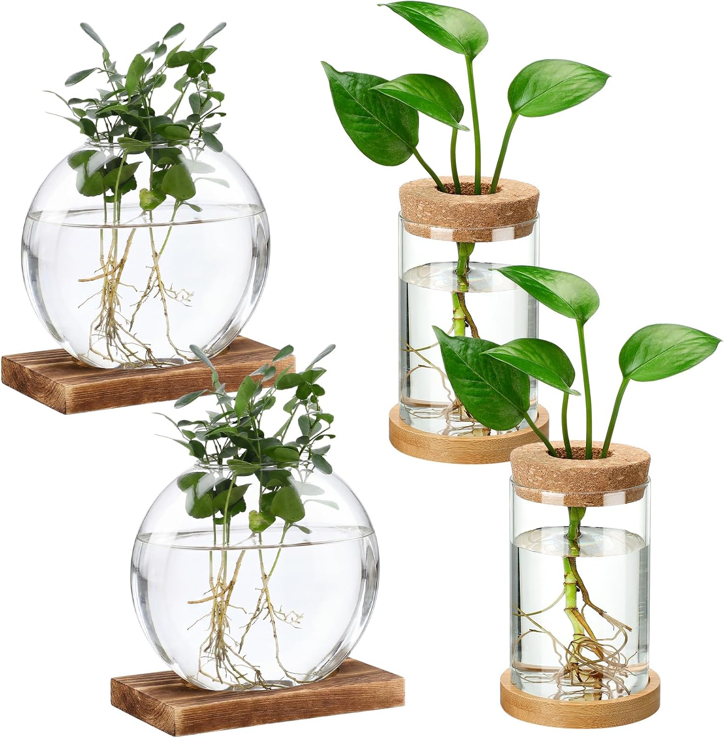 Layhit 4 Pcs Plants Propagation Stations vases Glass Planters with Wooden Lid and Bamboo Stand for Hydroponic Plants Gardening Gifts for Women Mom Home Office Tabletop Decoration(Cute Style)