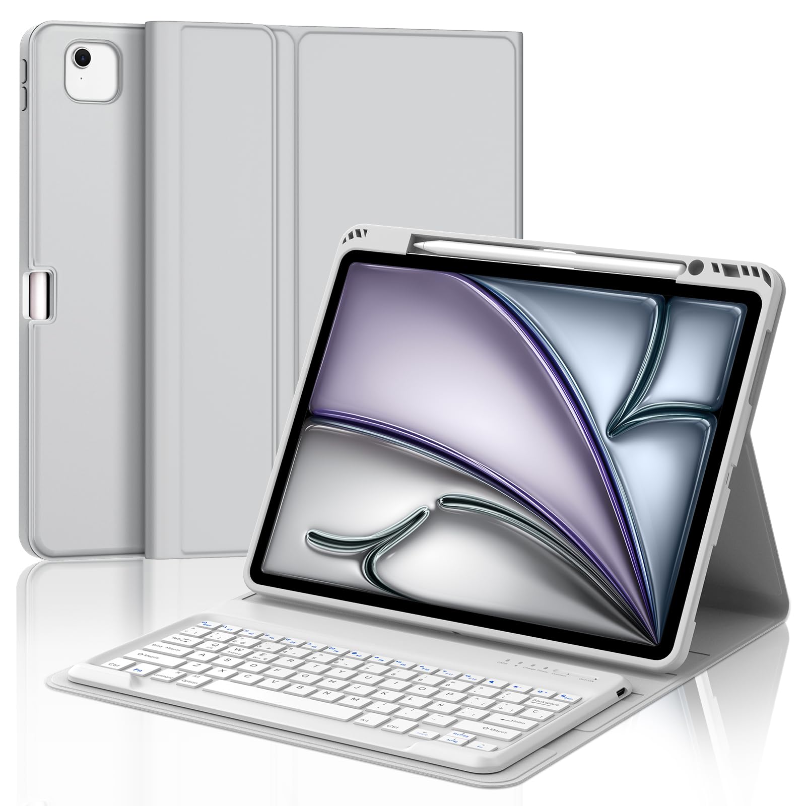 Funda con Teclado para iPad Air 13 Pulgadas (M3 2025, M2 2024)/iPad Pro 12.9 Pulgadas (6.ª/5.ª/4.ª/3.ª Generación), Teclado Bluetooth Inalámbrico con Funda Delgada y Ranura para Bolígrafo-Gris Claro