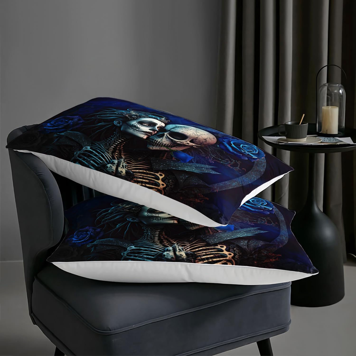 AILONEN Sugar Skull Comforter Set Queen Size,Skull Couple Skeleton Bones Bedding Set,3D Blue Rose Skull Bed in a Bag Goth Duvet Set 3 Pieces, 1 Quilt and 2 Pillowcases