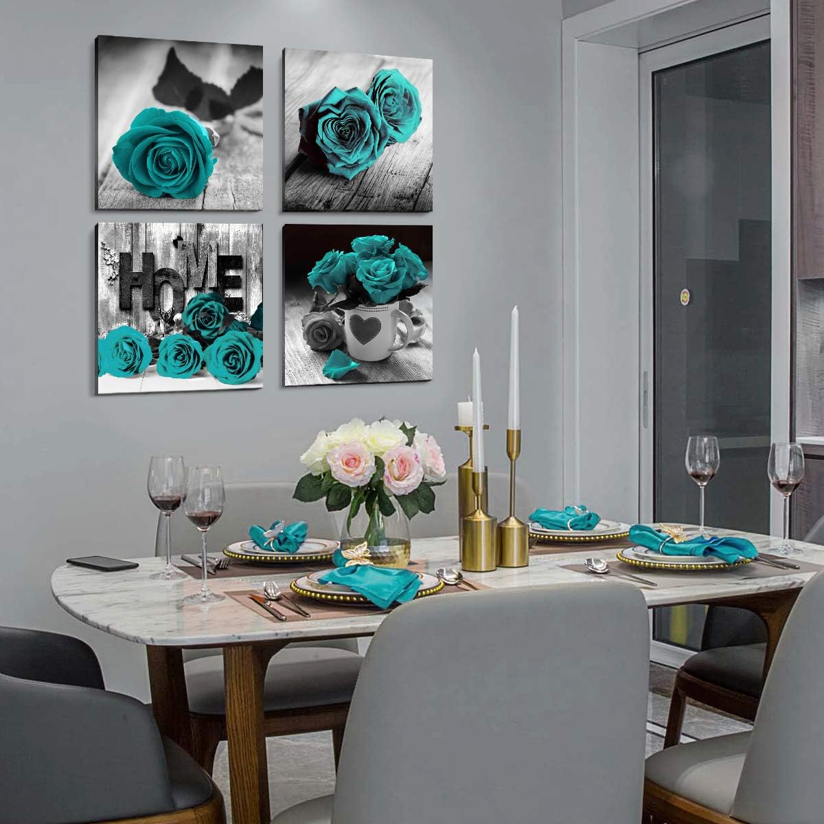 Black and Teal Rose Flower Wall Art Turquoise Bathroom Wall Decor Vintage Home Floral Posters Gray Love Bouquet Picture Canvas Prints Paintings Modern Artwork Bedroom Living Room Decorations 12x12” 4P