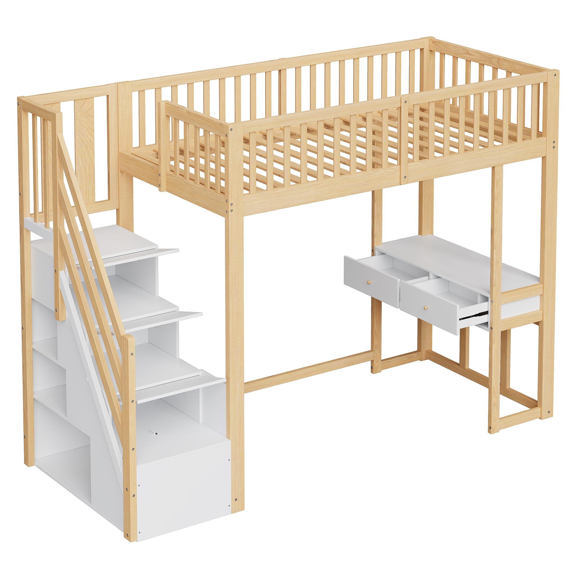 Merax Hochbett 90x200 cm mit Schreibtisch, Multifunktionales Hochbett für 1 Person mit Treppenregal, Weiß und Holz (ohne Matratze)