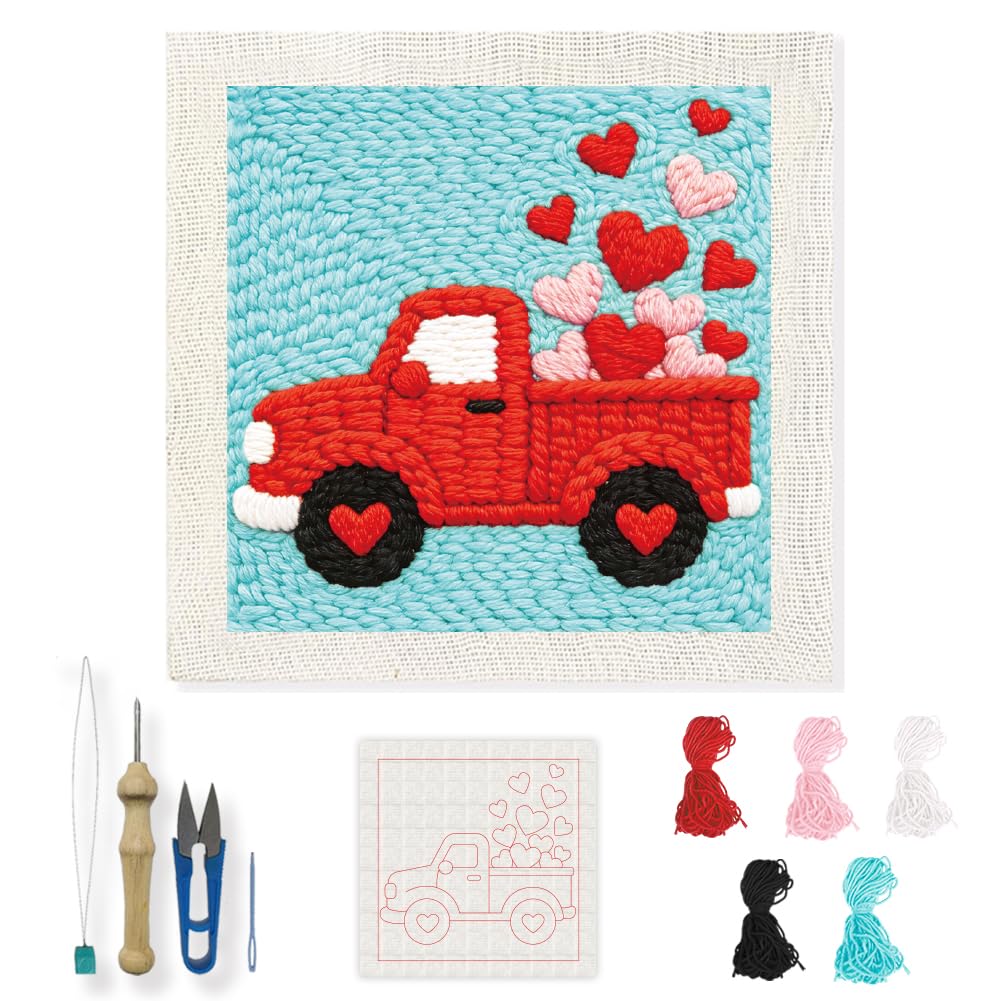 INFUNLY Car Punch Needle Embroidery Kit 9.4x9.4 DIY Punch Embroidery Kit for Adults Heart Truck Needlepoint Starter Kit Square Needles Stitching Kit with Instruction for DIY Craft Lovers Gift