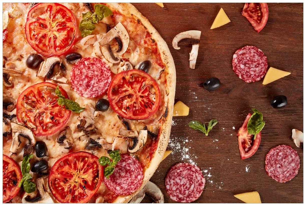 Wallario Wandbild aus Acryl, 60 x 90 cm, freischwebende Optik - Pizza mit Tomaten, Salami, Oliven und Pilzen