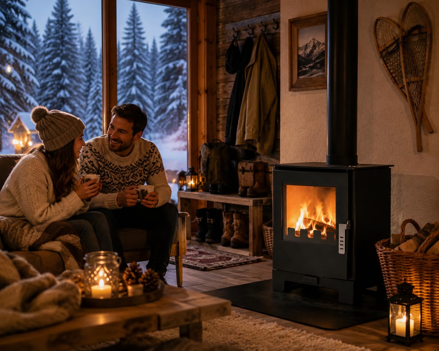 Verso stufa a legna da 3 l, 5 kW, 80,2% alta efficienza, piastra piatta compatta in acciaio (non ghisa), piccola stufa per camino da 60 a 80 m³, ecologica, a basse emissioni, scarico fumo da 150 mm