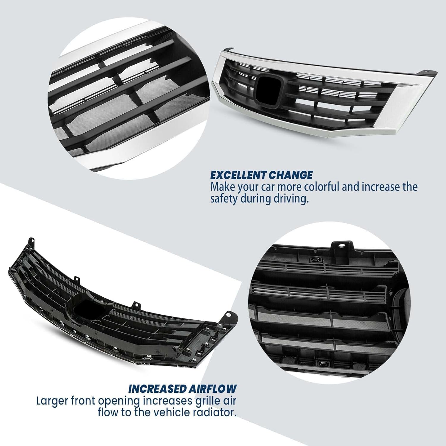 Front Bumper Grille Fit 2008 2009 2010 For Honda Accord Sedan 4-Door, ABS Plastic Black Mesh with Chrome Trim Front Upper Grill Guard Replace for HO1200189 71121TA0A00