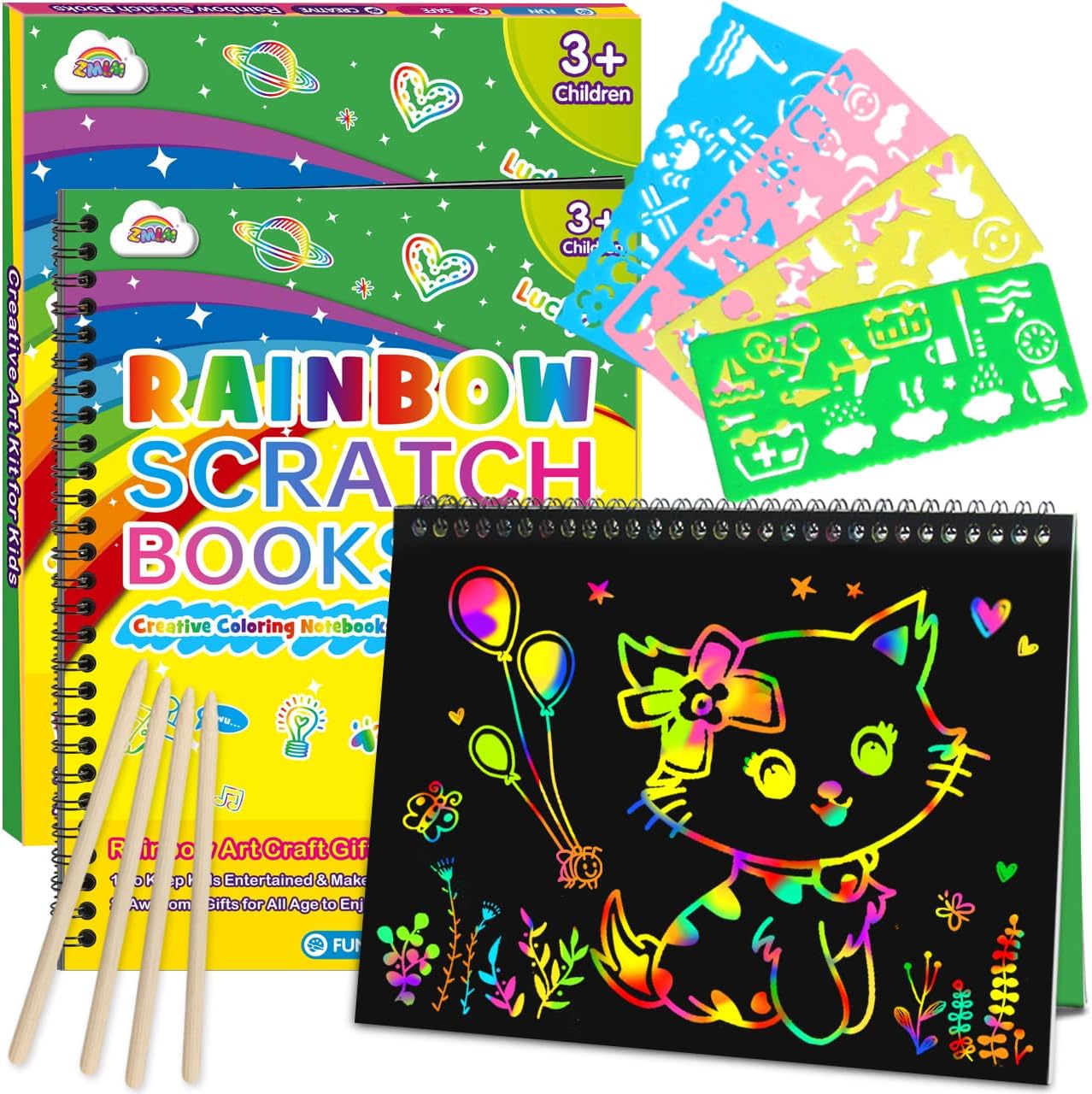 ZMLM Scratch Paper Art Craft: 2 Pack Rainbow Scratch Set for 3 4 5 6 7 8 9 10 Years Old Girls Boys Students Drawing Coloring Black Magic Art Supplies Kits Gifts School Birthday Party Toys(Classic) - Amazon product rated Grade A