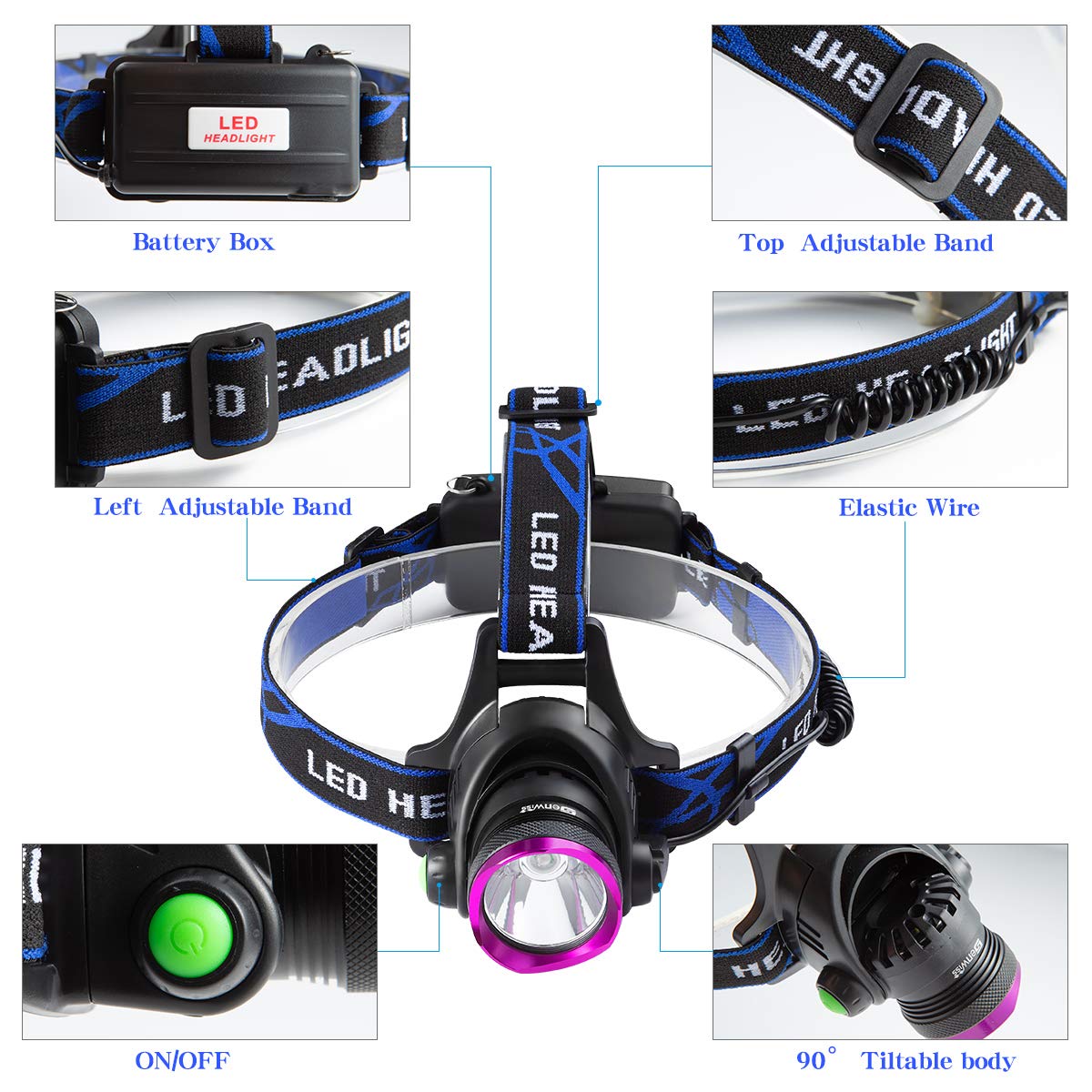 Details about &nbsp;5xLED Rechargeable Headlight 350000LM Headlamp Flashlight Adjustable Beam Angle
