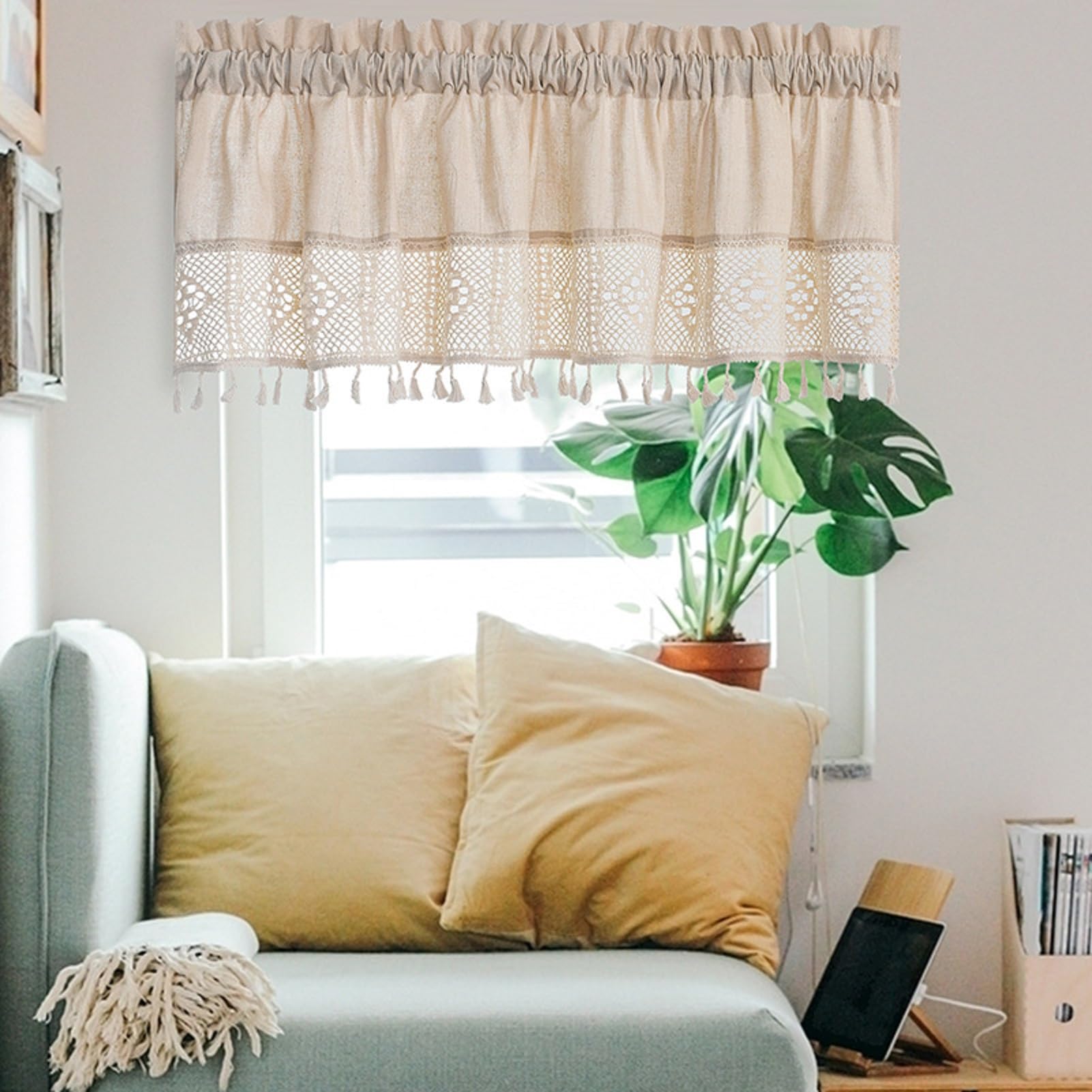Tendina corta vintage bohémien, tenda corta da bistrò, in pizzo, colore beige, con nappe, stile rustico, per cucina, caffè, bagno, camera da letto, 1 pezzo
