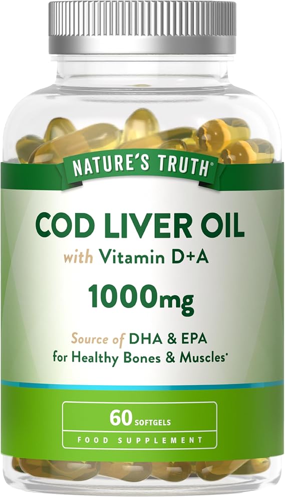 Cod Liver Oil Capsules High Strength | 1000mg | with Omega 3, Vitamin D and A | Providing DHA &amp; EPA | 60 Softgels | Nature's Truth